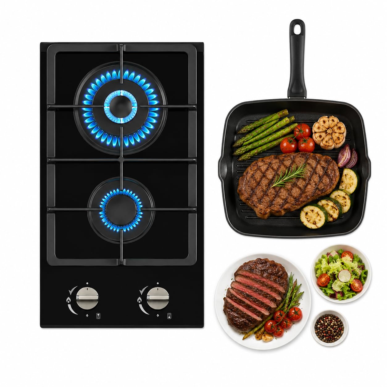 VBGK 12 Inch 110V Gas Cooktop Two Burner Stainless Stee Gas Stove Top