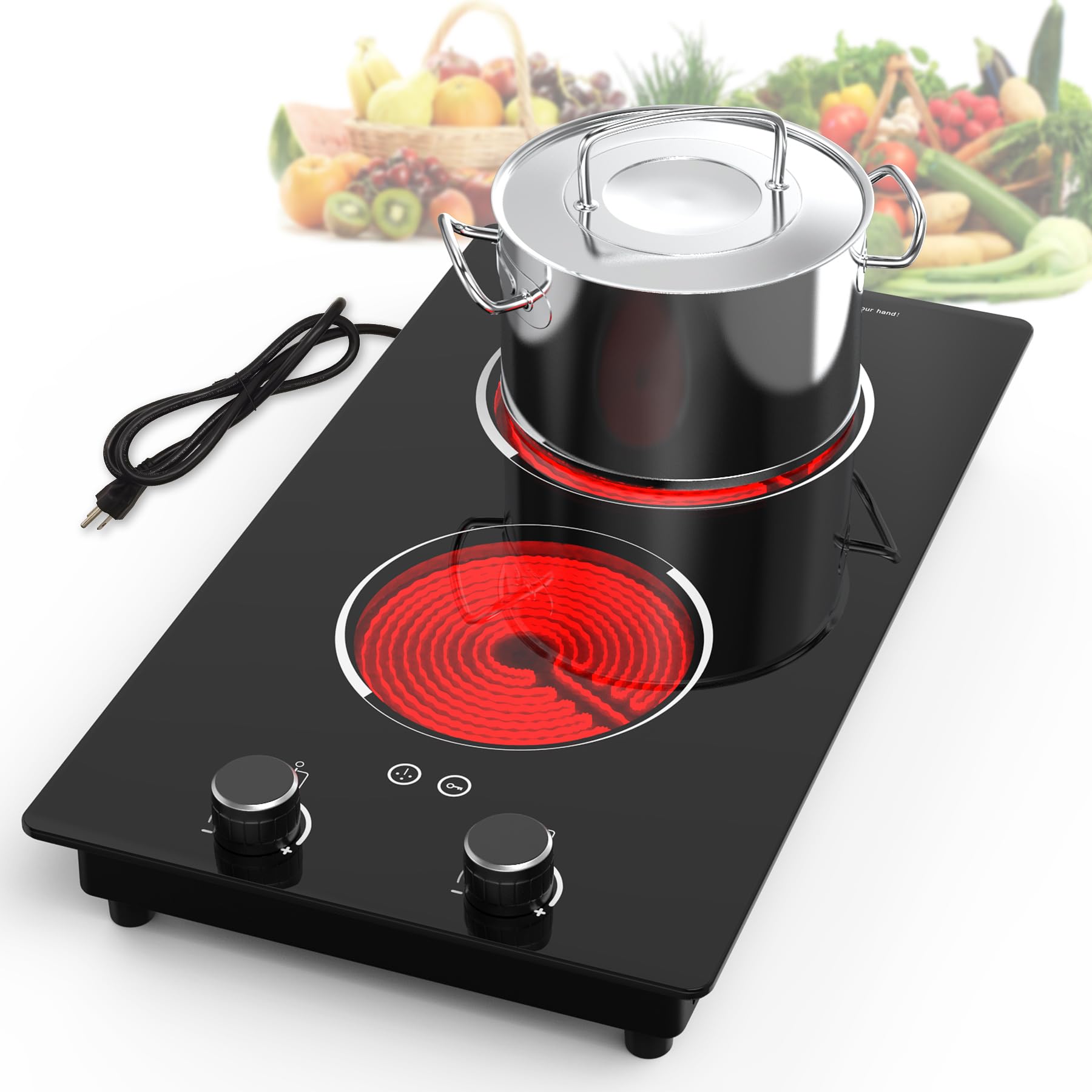 VBGK Electric Cooktop,110V 2100W Electric Stove Top,Built-in Radiant Double Induction Cooktop