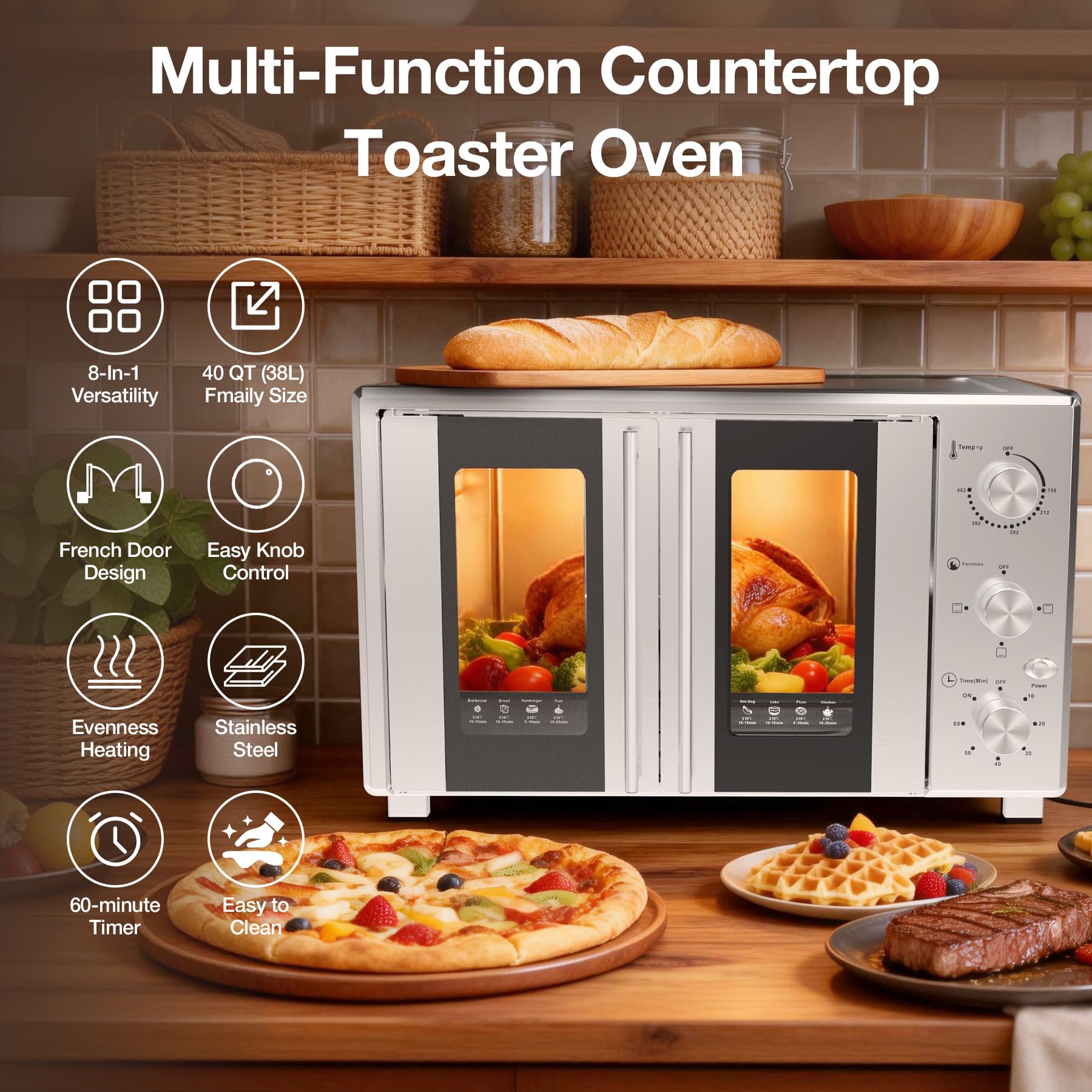 VBGK Extra Large French Door Countertop Toaster Oven 8-in-1 Combo, Stainless Steel, Silver