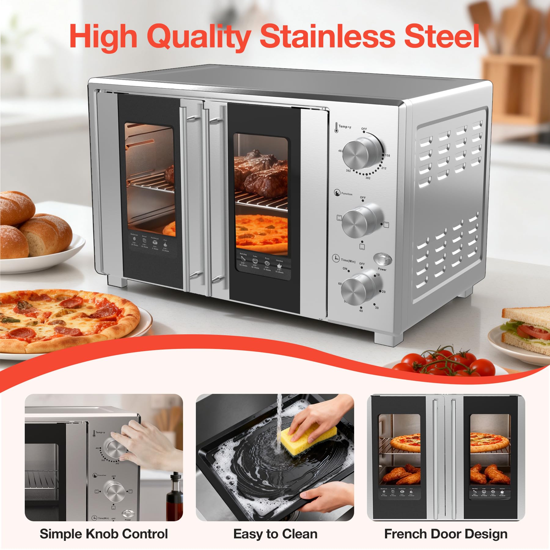 VBGK Extra Large French Door Countertop Toaster Oven 8-in-1 Combo, Stainless Steel, Silver