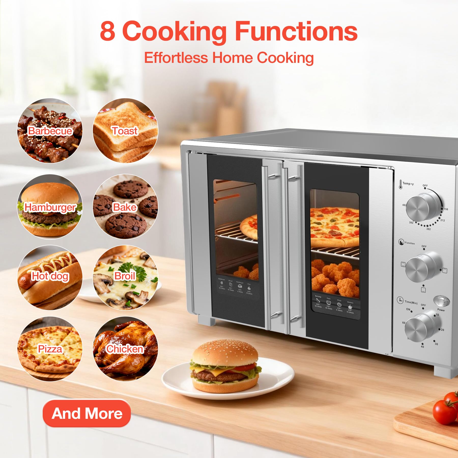 VBGK Extra Large French Door Countertop Toaster Oven 8-in-1 Combo, Stainless Steel, Silver