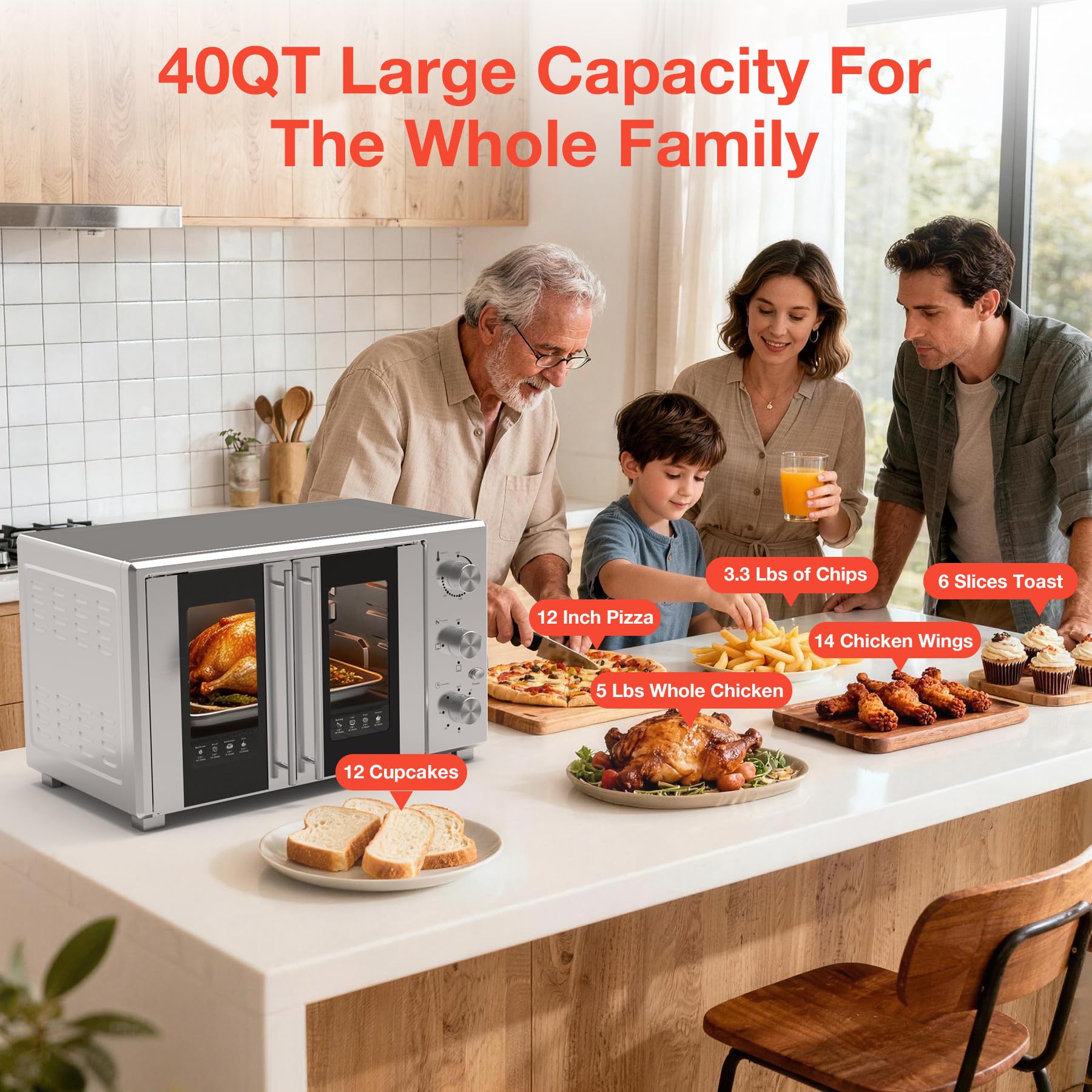 VBGK Extra Large French Door Countertop Toaster Oven 8-in-1 Combo, Stainless Steel, Silver