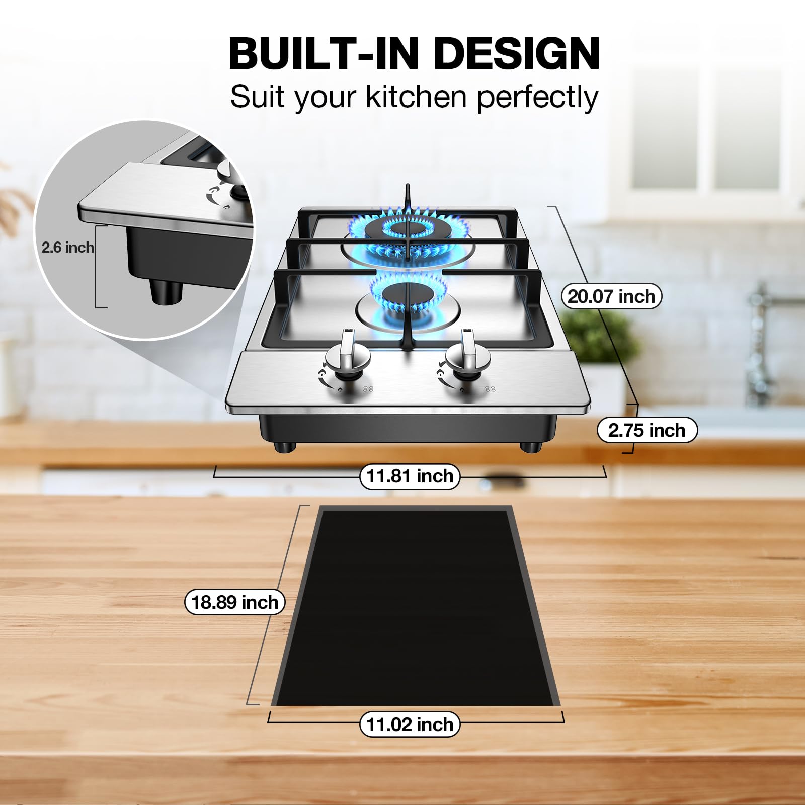 VBGK Gas Cooktop 2 Burner Propane Cooktop, Stainless Steel Propane Stove, 12 inch Bulit-in Gas Stove Top