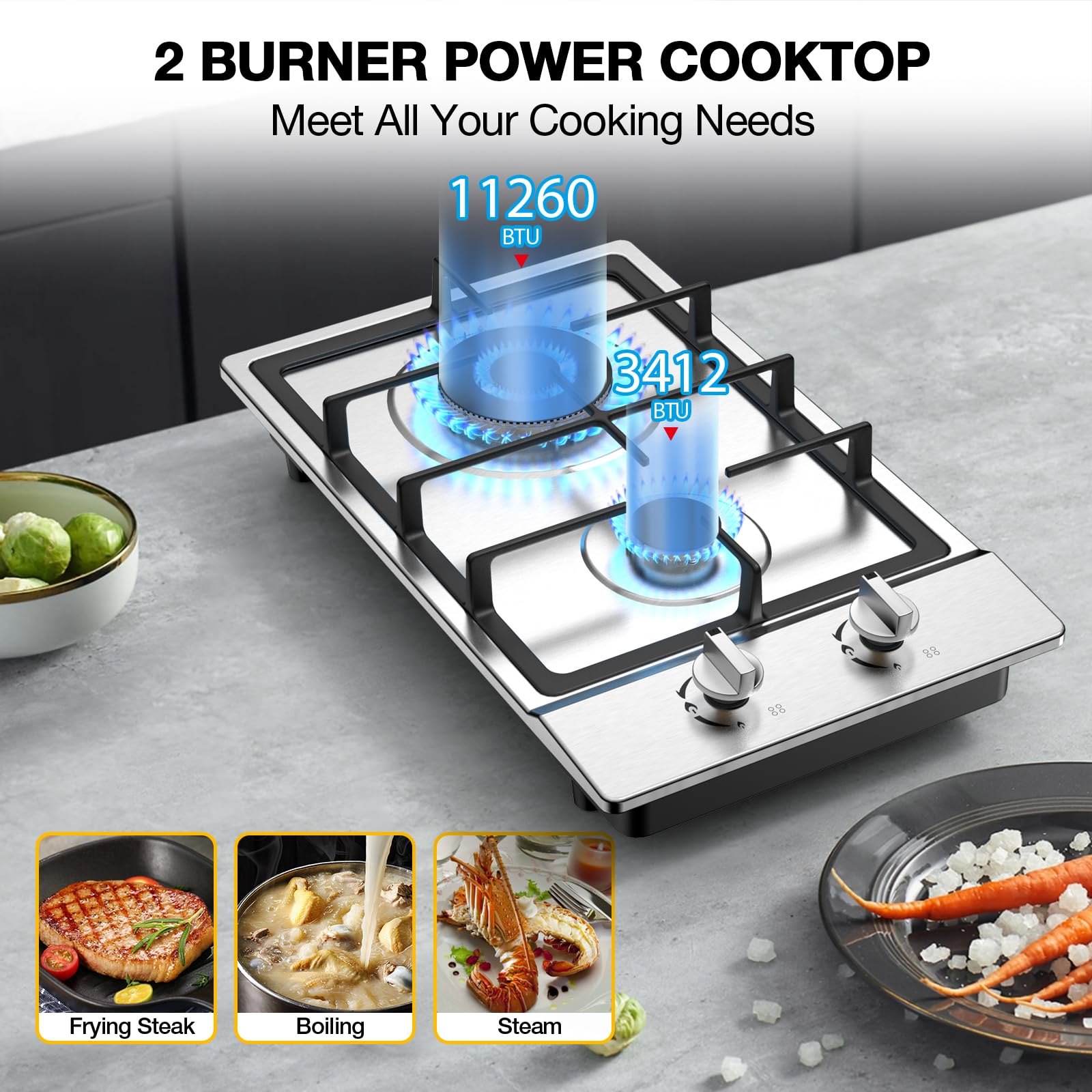 VBGK Gas Cooktop 2 Burner Propane Cooktop, Stainless Steel Propane Stove, 12 inch Bulit-in Gas Stove Top