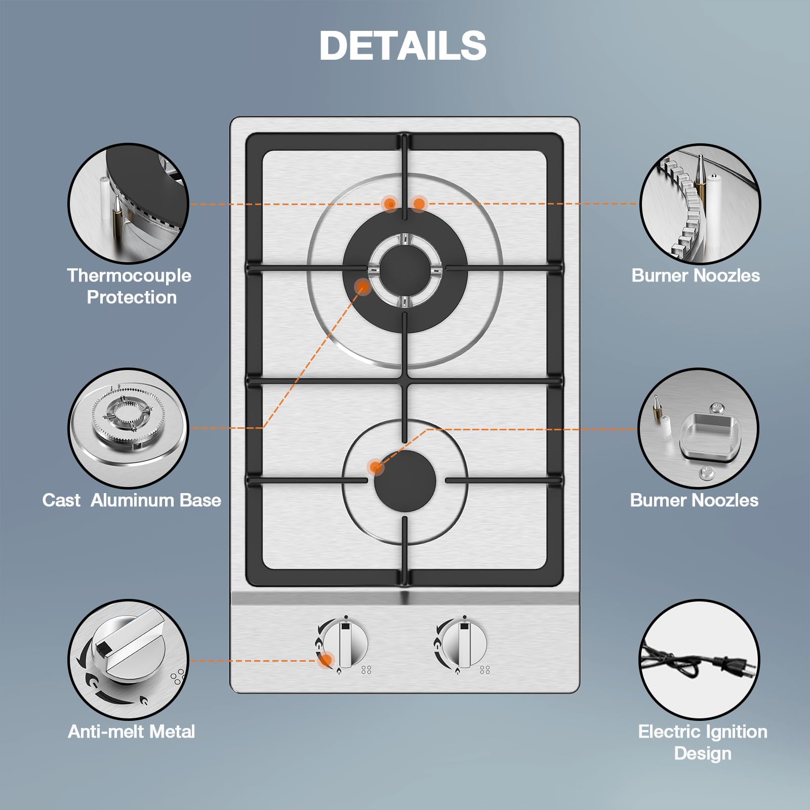 VBGK Gas Cooktop 2 Burner Propane Cooktop, Stainless Steel Propane Stove, 12 inch Bulit-in Gas Stove Top