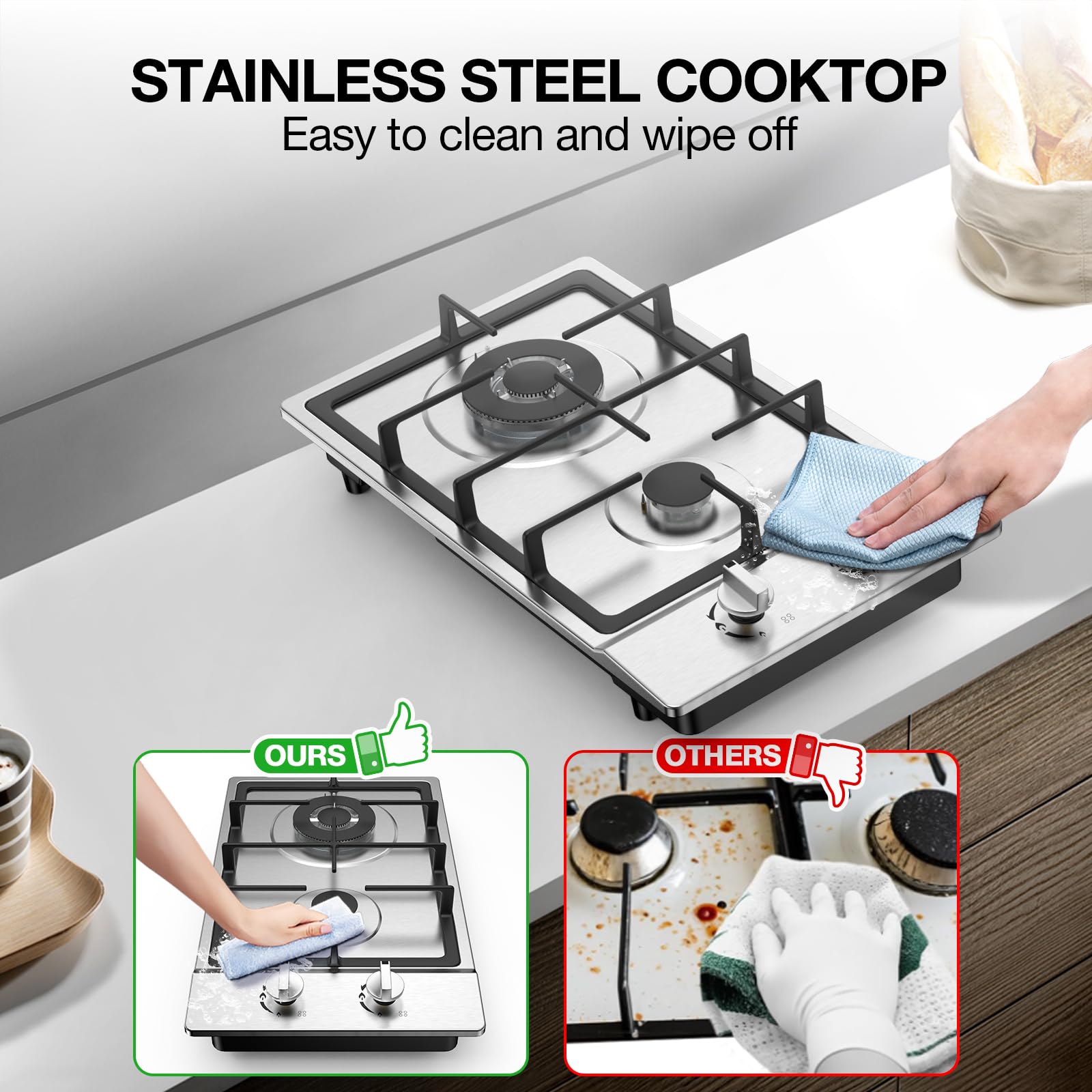 VBGK Gas Cooktop 2 Burner Propane Cooktop, Stainless Steel Propane Stove, 12 inch Bulit-in Gas Stove Top