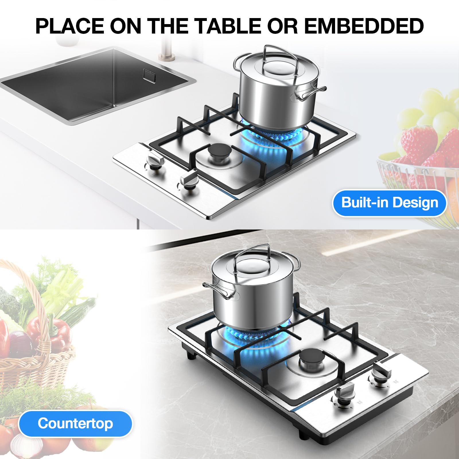 VBGK Gas Cooktop 2 Burner Propane Cooktop, Stainless Steel Propane Stove, 12 inch Bulit-in Gas Stove Top