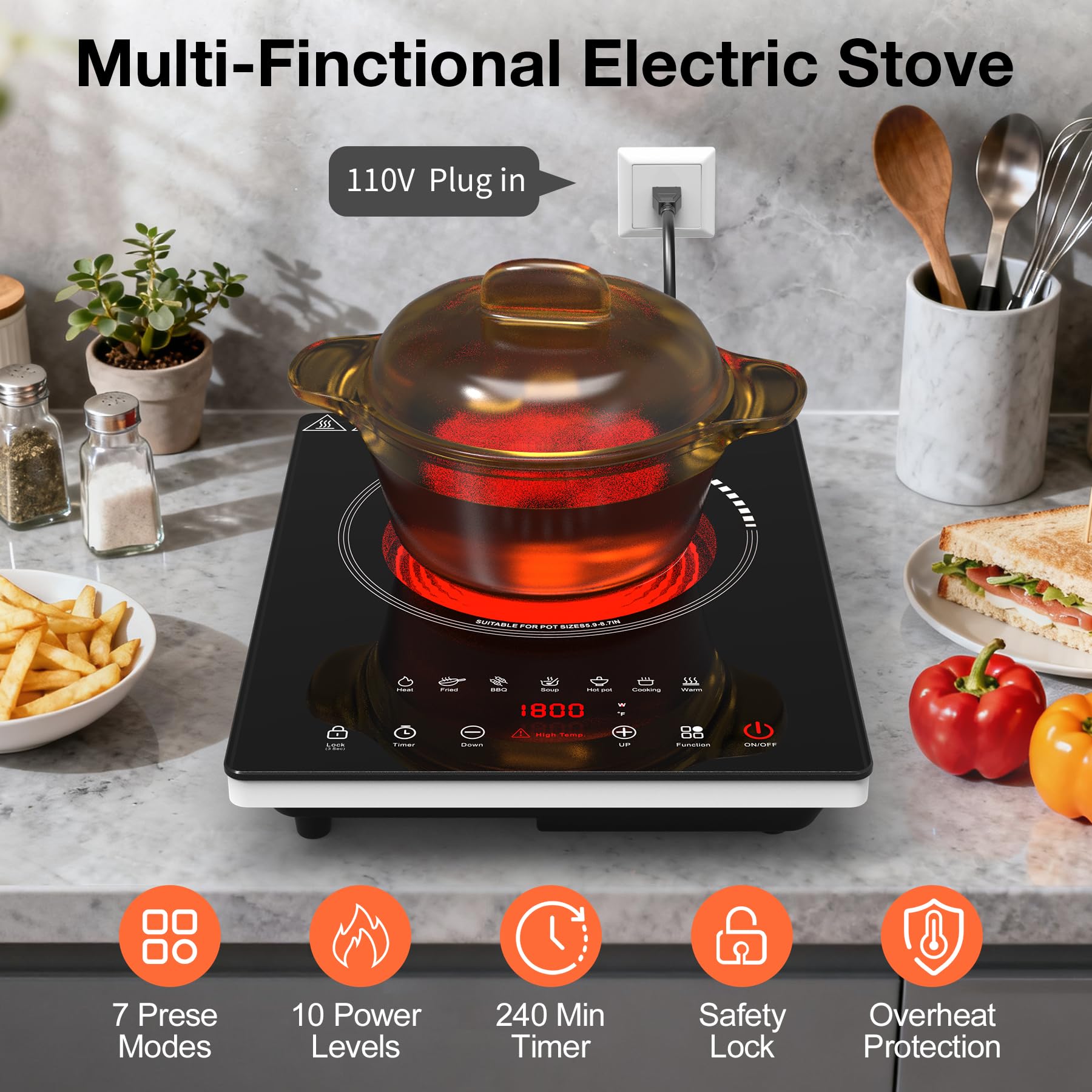 VBGK Single Burner Electric Cooktop 1800W, Portable Electric Stove Hot Plate Countertop Stove Top Burner