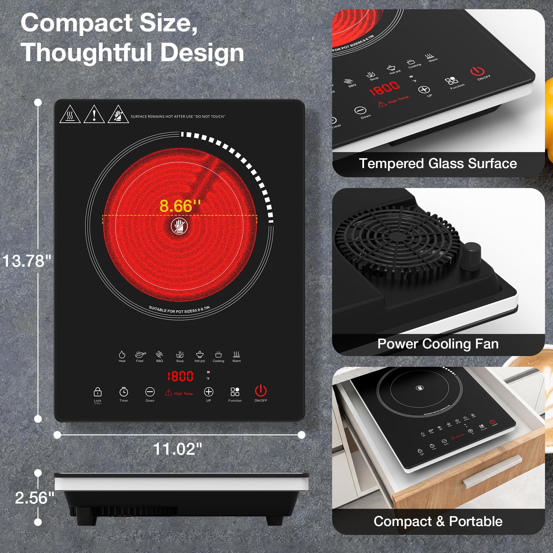 VBGK Single Burner Electric Cooktop 1800W, Portable Electric Stove Hot Plate Countertop Stove Top Burner