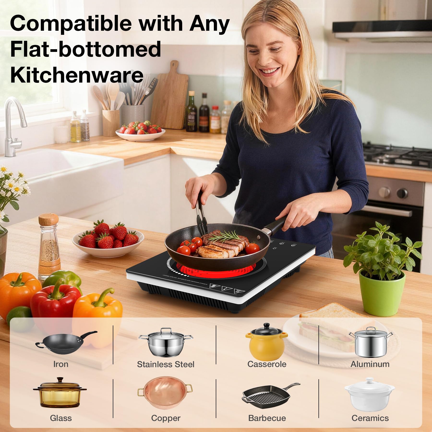 VBGK Single Burner Electric Cooktop 1800W, Portable Electric Stove Hot Plate Countertop Stove Top Burner