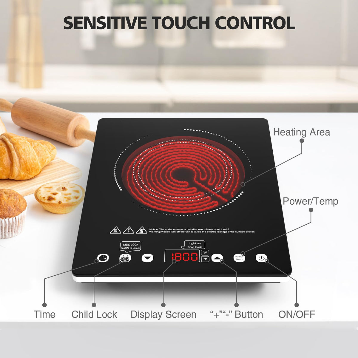 Plaque de cuisson électrique à un foyer VBGK 12 pouces, réchaud portable 1800W