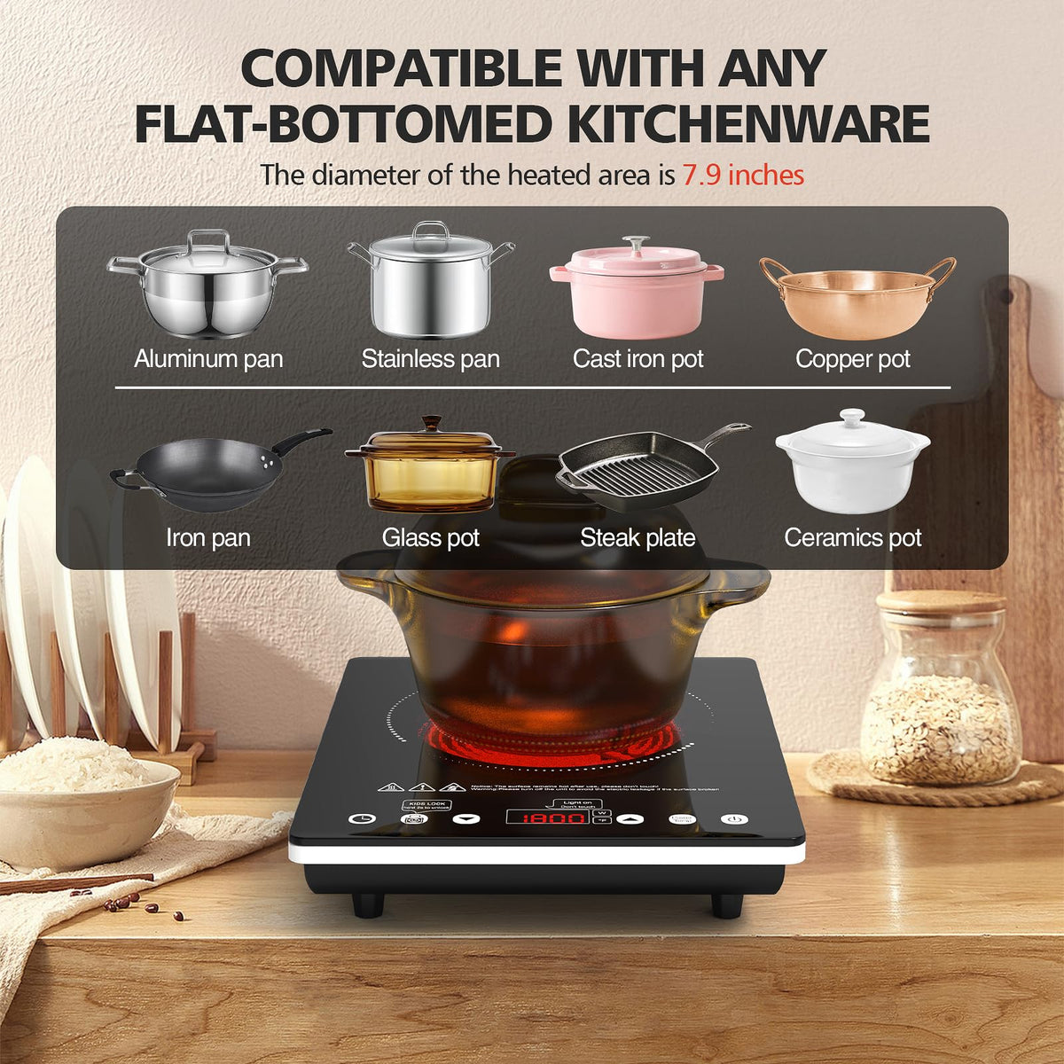 Plaque de cuisson électrique à un foyer VBGK 12 pouces, réchaud portable 1800W