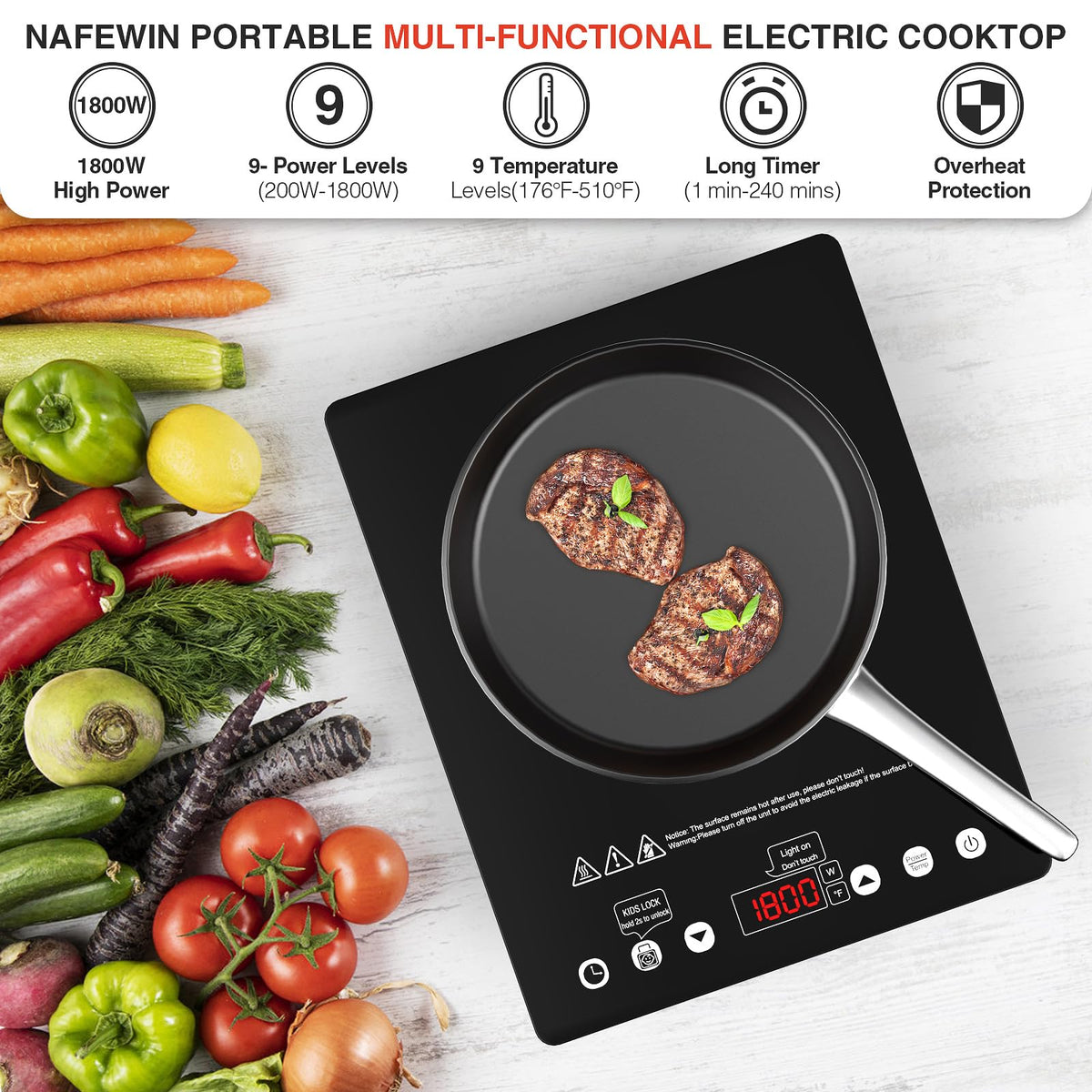 Plaque de cuisson électrique à un foyer VBGK 12 pouces, réchaud portable 1800W