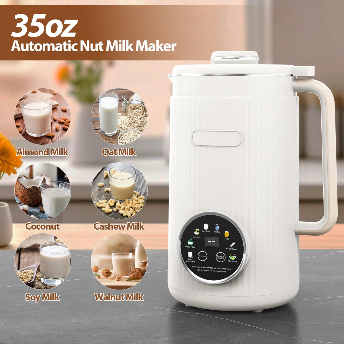Machine à lait végétal VBGK 1 L, robot culinaire multifonction 8-en-1 pour laits végétaux fait maison (Blanc)
