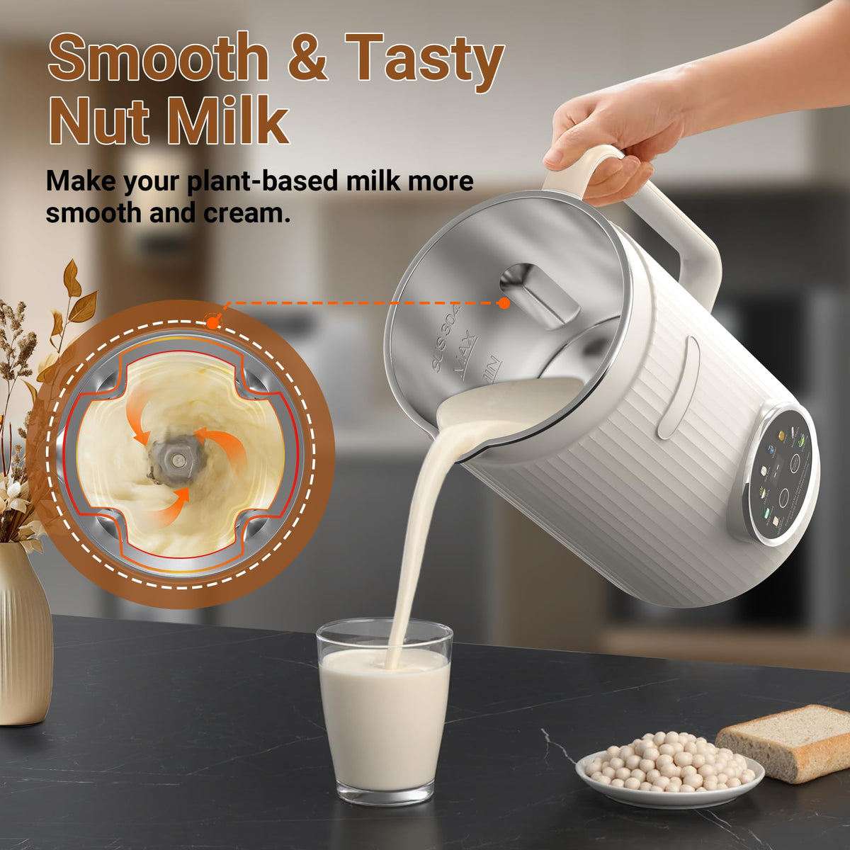 Machine à lait végétal VBGK 1 L, robot culinaire multifonction 8-en-1 pour laits végétaux fait maison (Blanc)