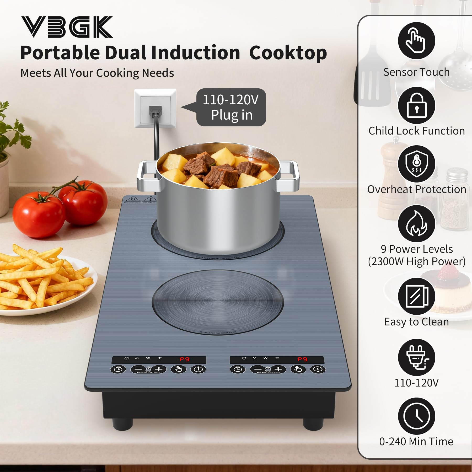 VBGK 2 Burner Induction Cooktop 110V 2300W, Double Burner Hot Plate Electric Stove for Kitchen & RV Cooking