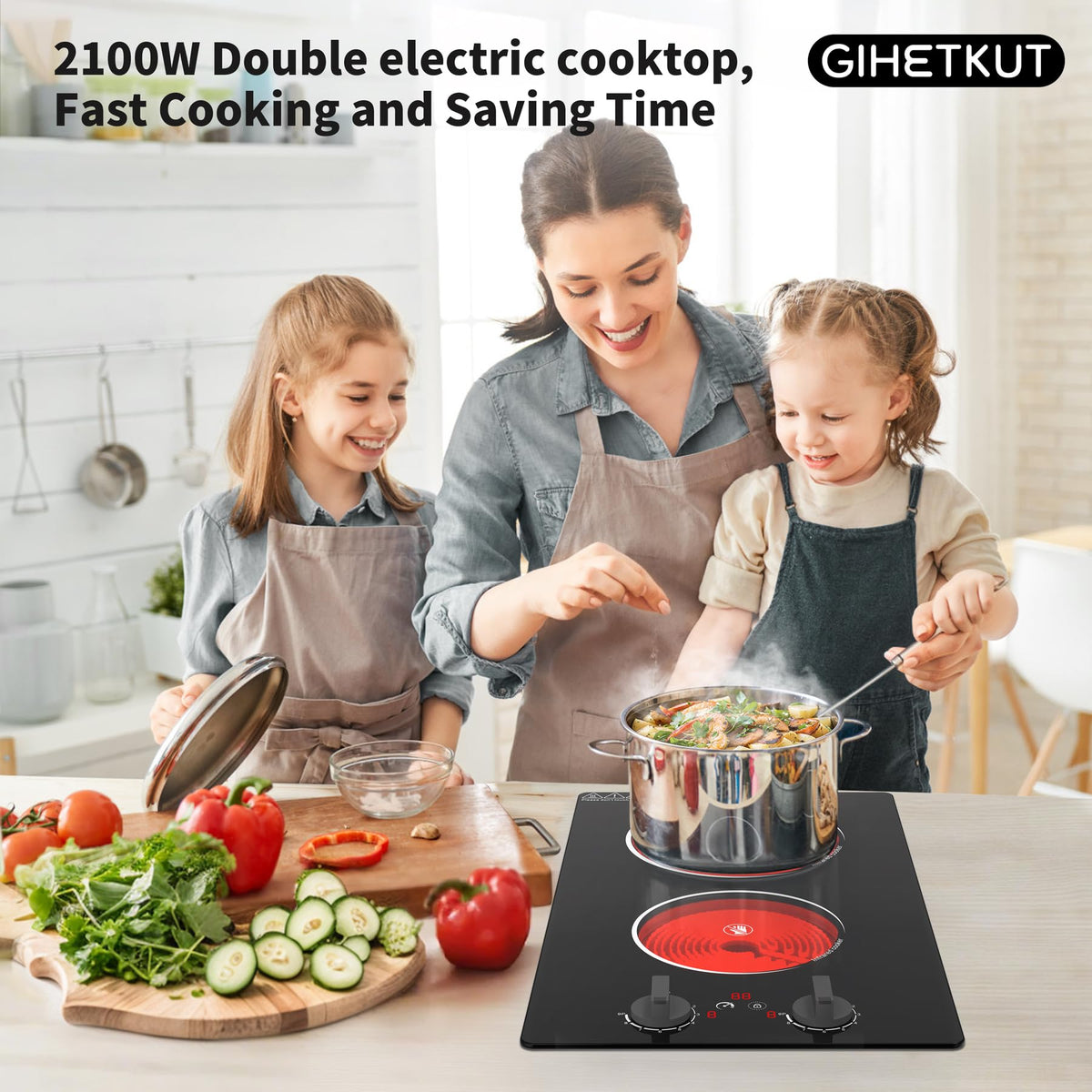 VBGK 2-Flammen-Elektrokochfeld 12 Zoll, 110V 2100W Tisch- & Einbau-Kochfeld mit Dreh- und Touch-Steuerung
