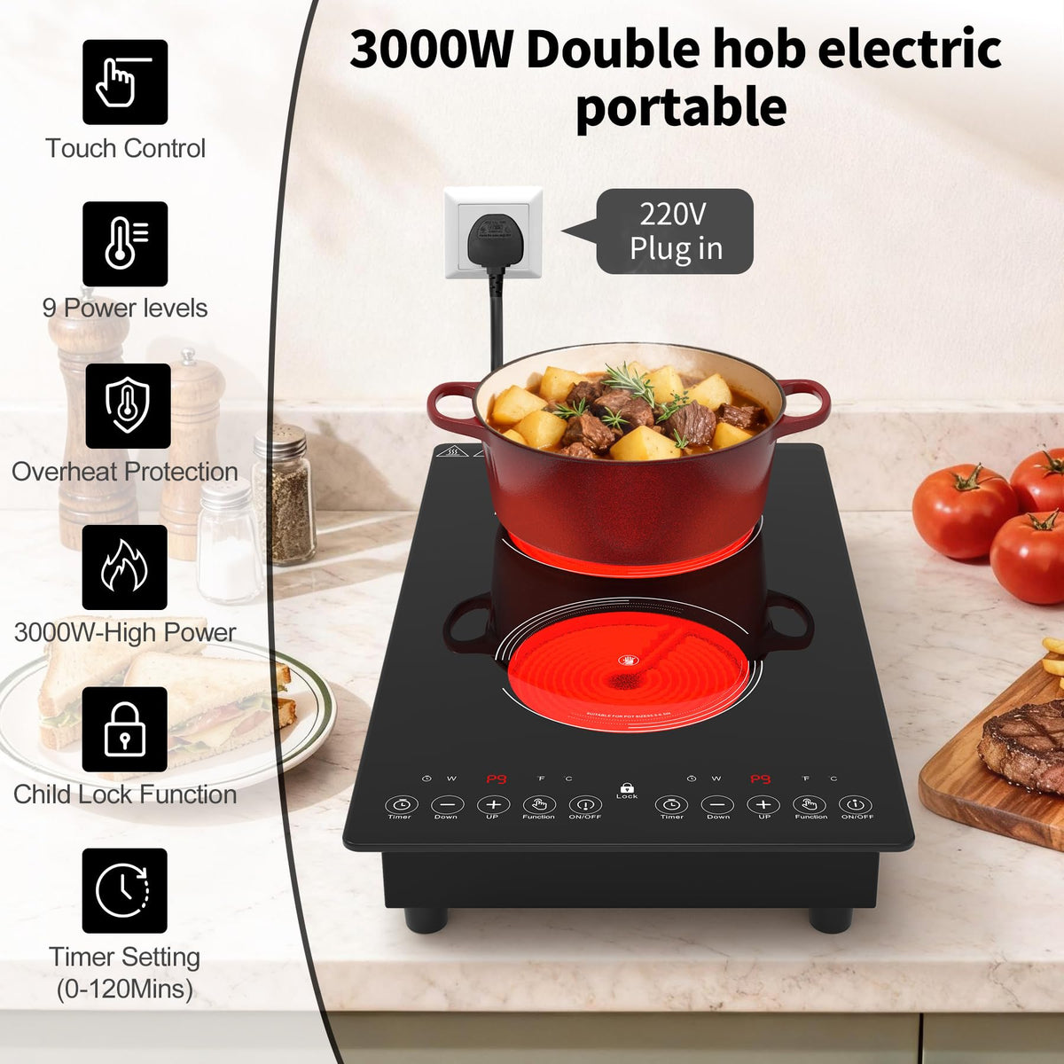 Plaque de cuisson électrique VBGK 3000W 220V 28cm à 2 foyers, commande tactile LED, 9 niveaux de puissance, sécurité enfants et minuteur de 2 heures