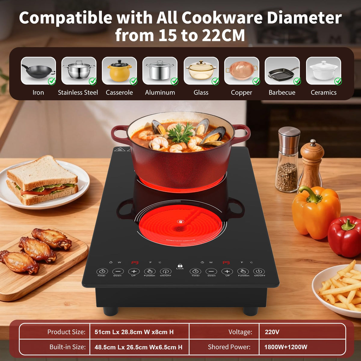 Plaque de cuisson électrique VBGK 3000W 220V 28cm à 2 foyers, commande tactile LED, 9 niveaux de puissance, sécurité enfants et minuteur de 2 heures