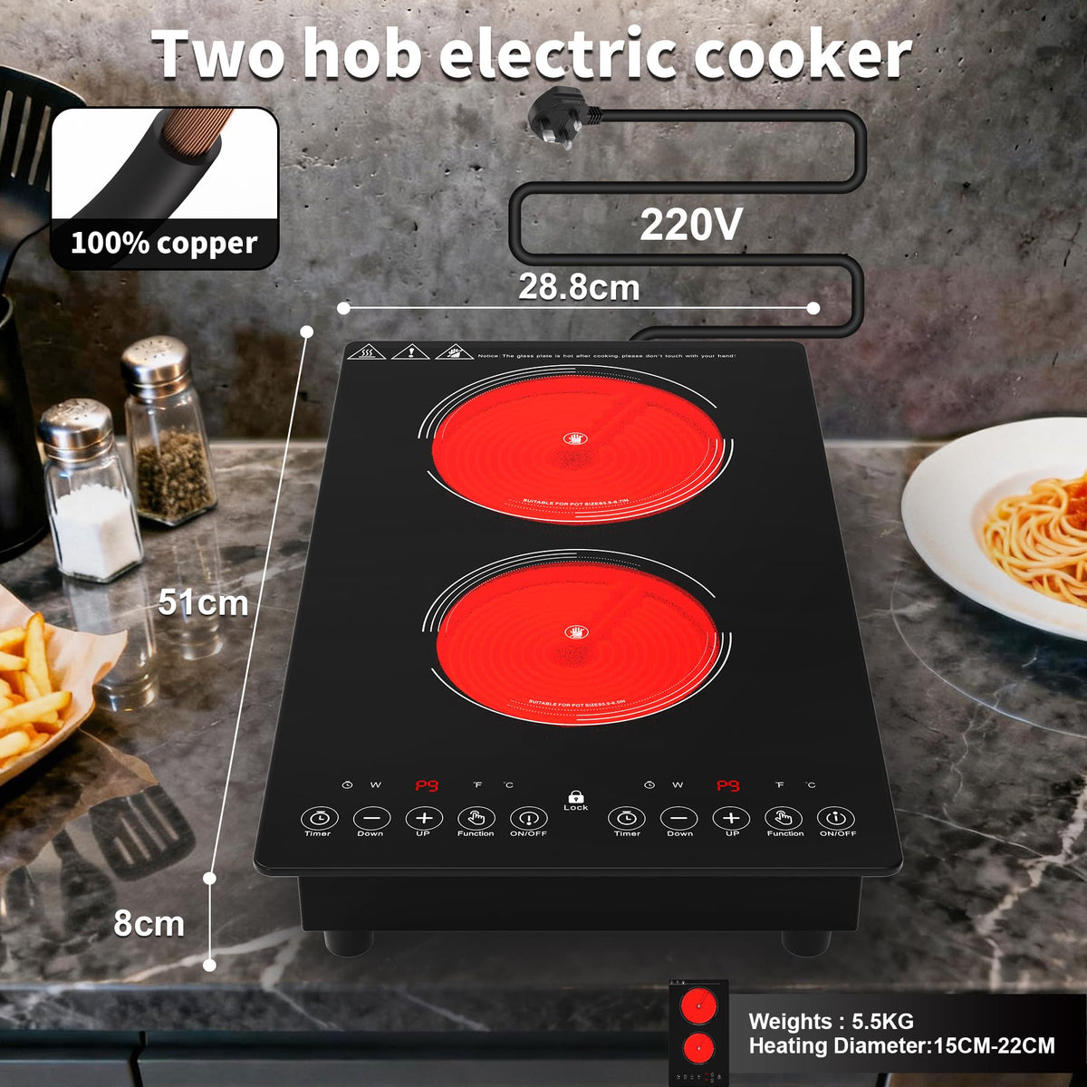 Plaque de cuisson électrique VBGK 3000W 220V 28cm à 2 foyers, commande tactile LED, 9 niveaux de puissance, sécurité enfants et minuteur de 2 heures