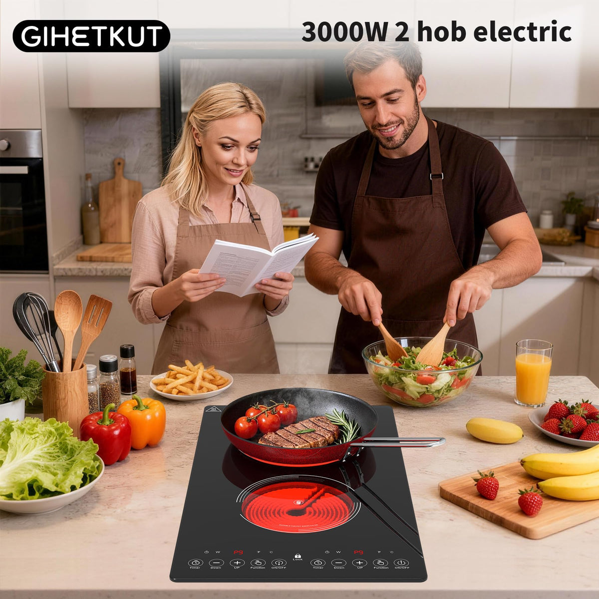 Plaque de cuisson électrique VBGK 3000W 220V 28cm à 2 foyers, commande tactile LED, 9 niveaux de puissance, sécurité enfants et minuteur de 2 heures