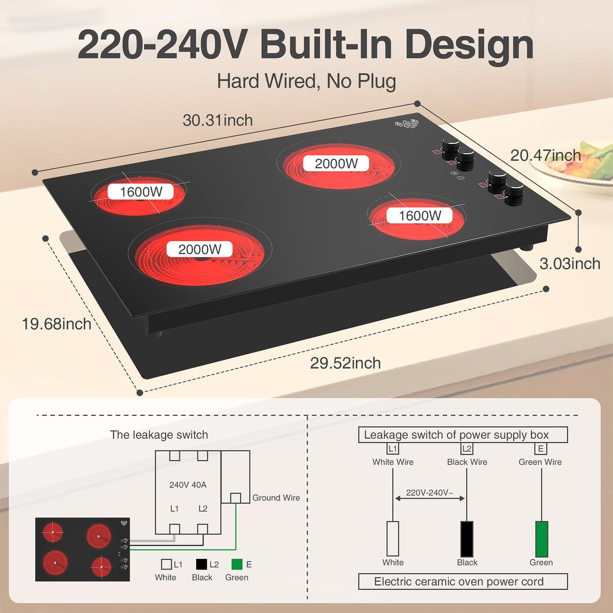 VBGK 30 Inch 4 Burner Electric Cooktop, 7200W 220-240V Built-In & Countertop Stove Top with Touch Control & Safety Lock