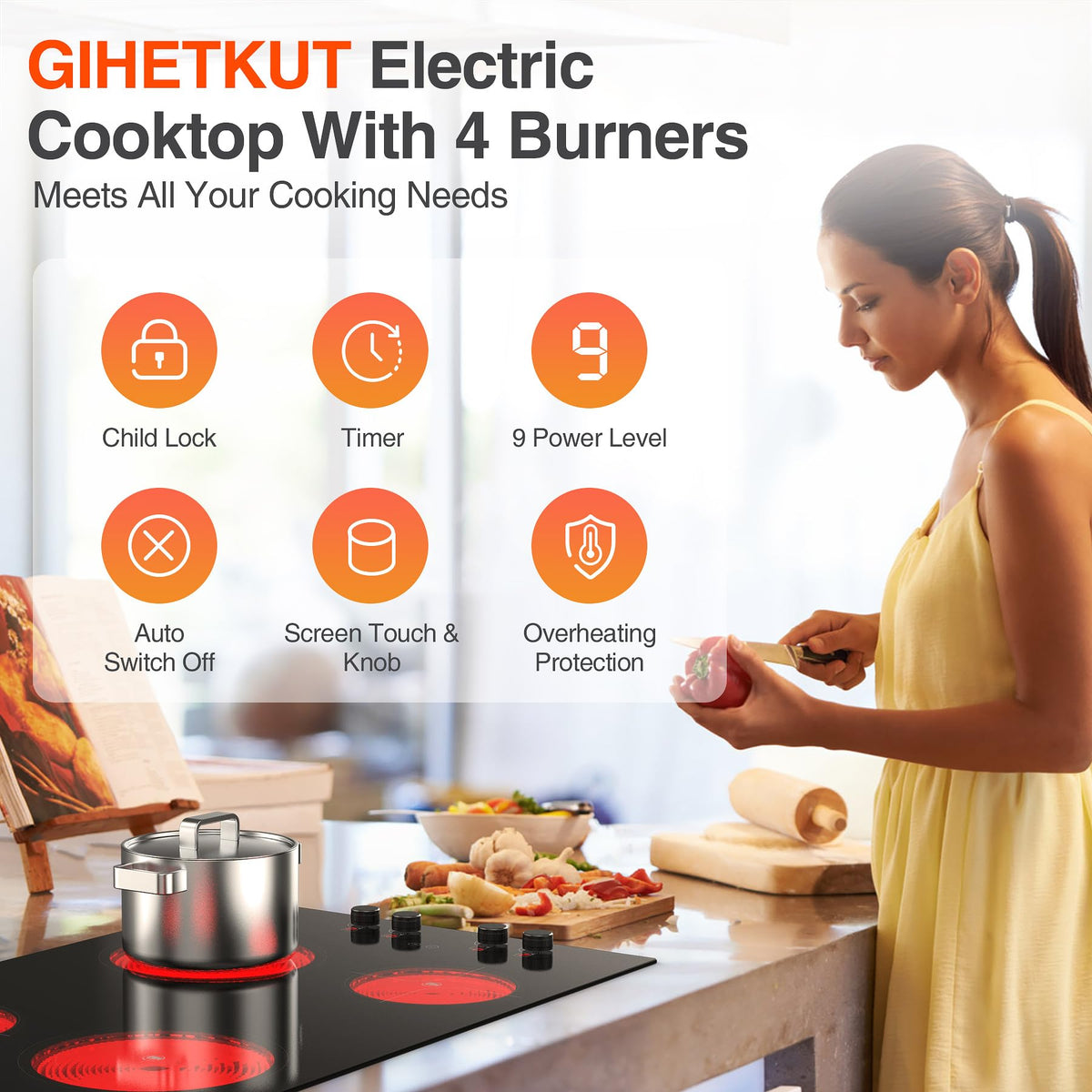 VBGK 30 Inch 4 Burner Electric Cooktop, 7200W 220-240V Built-In & Countertop Stove Top with Touch Control & Safety Lock