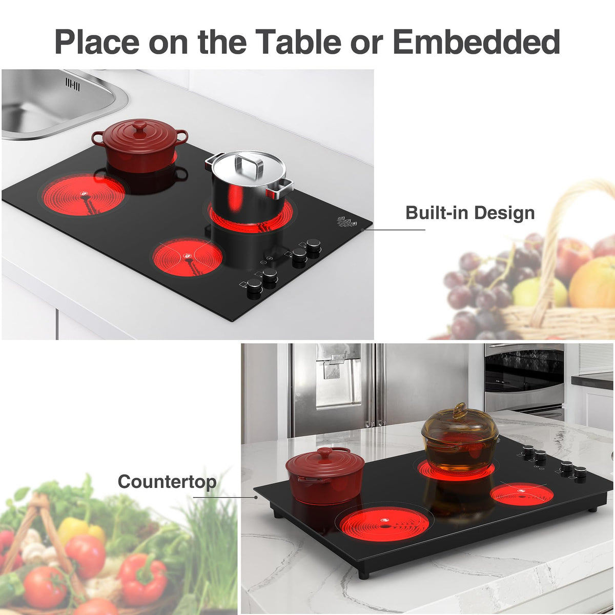 VBGK 30 Inch 4 Burner Electric Cooktop, 7200W 220-240V Built-In & Countertop Stove Top with Touch Control & Safety Lock