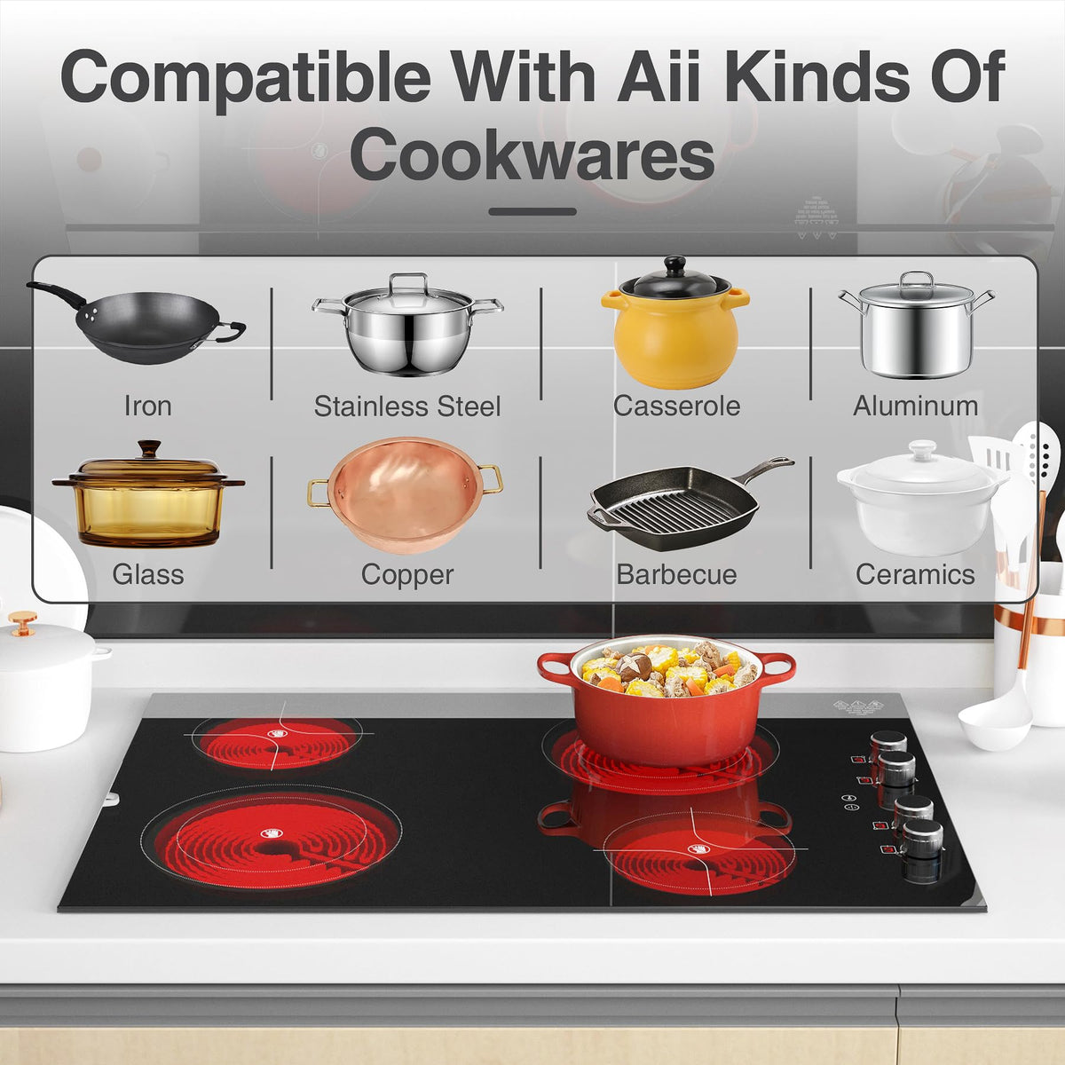 VBGK 30 Inch 4 Burner Electric Cooktop, 7200W 220-240V Built-In & Countertop Stove Top with Touch Control & Safety Lock