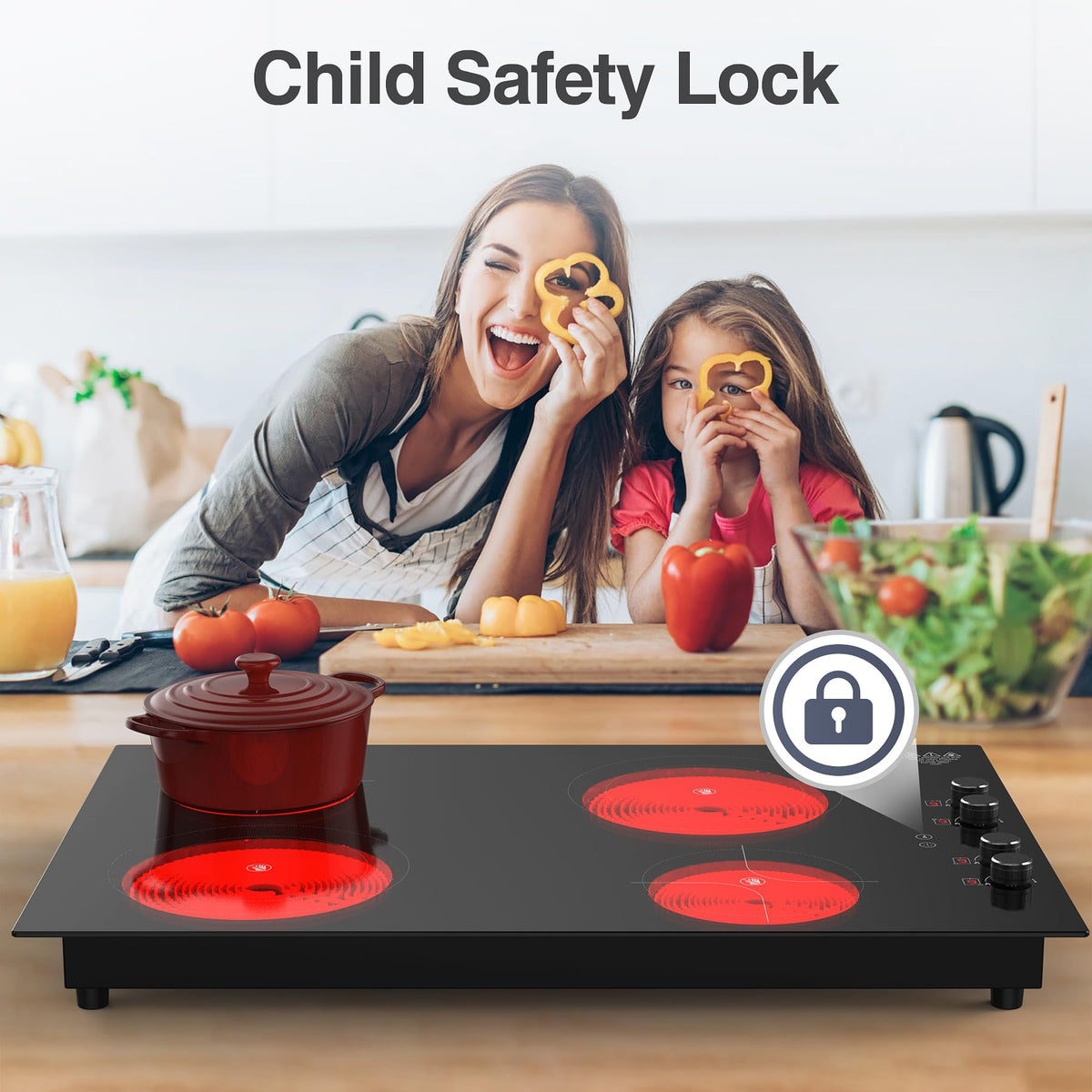 VBGK 30 Inch 4 Burner Electric Cooktop, 7200W 220-240V Built-In & Countertop Stove Top with Touch Control & Safety Lock