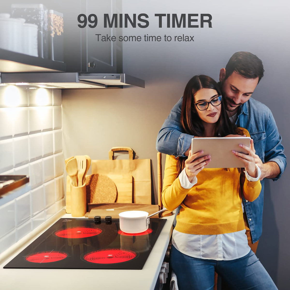 VBGK 30 Inch 4 Burner Electric Cooktop, 7200W 220-240V Built-In & Countertop Stove Top with Touch Control & Safety Lock