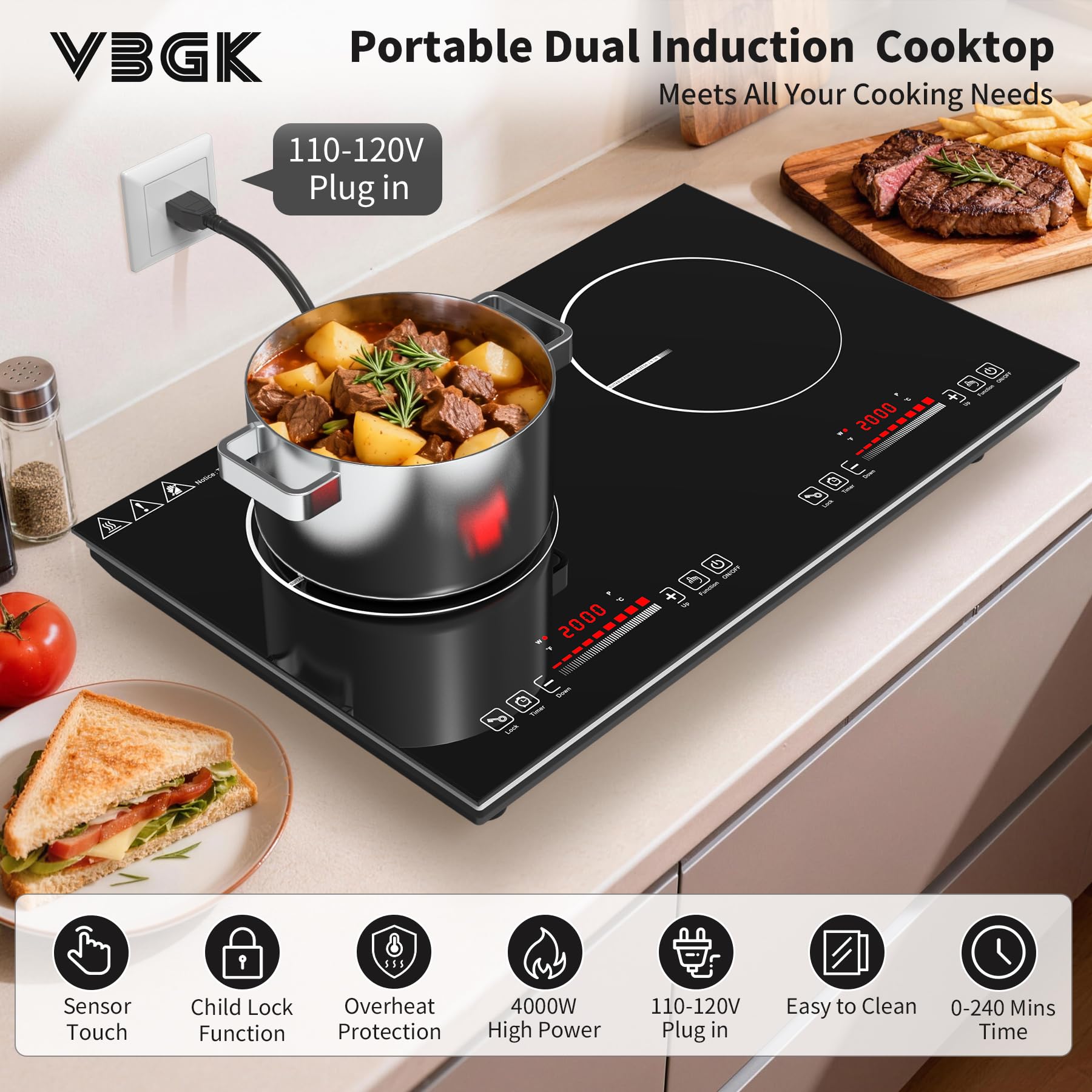 VBGK 2 burner Induction Cooktop, 110V 4000W Induction Hot Plate, 2 burner Induction cooktop