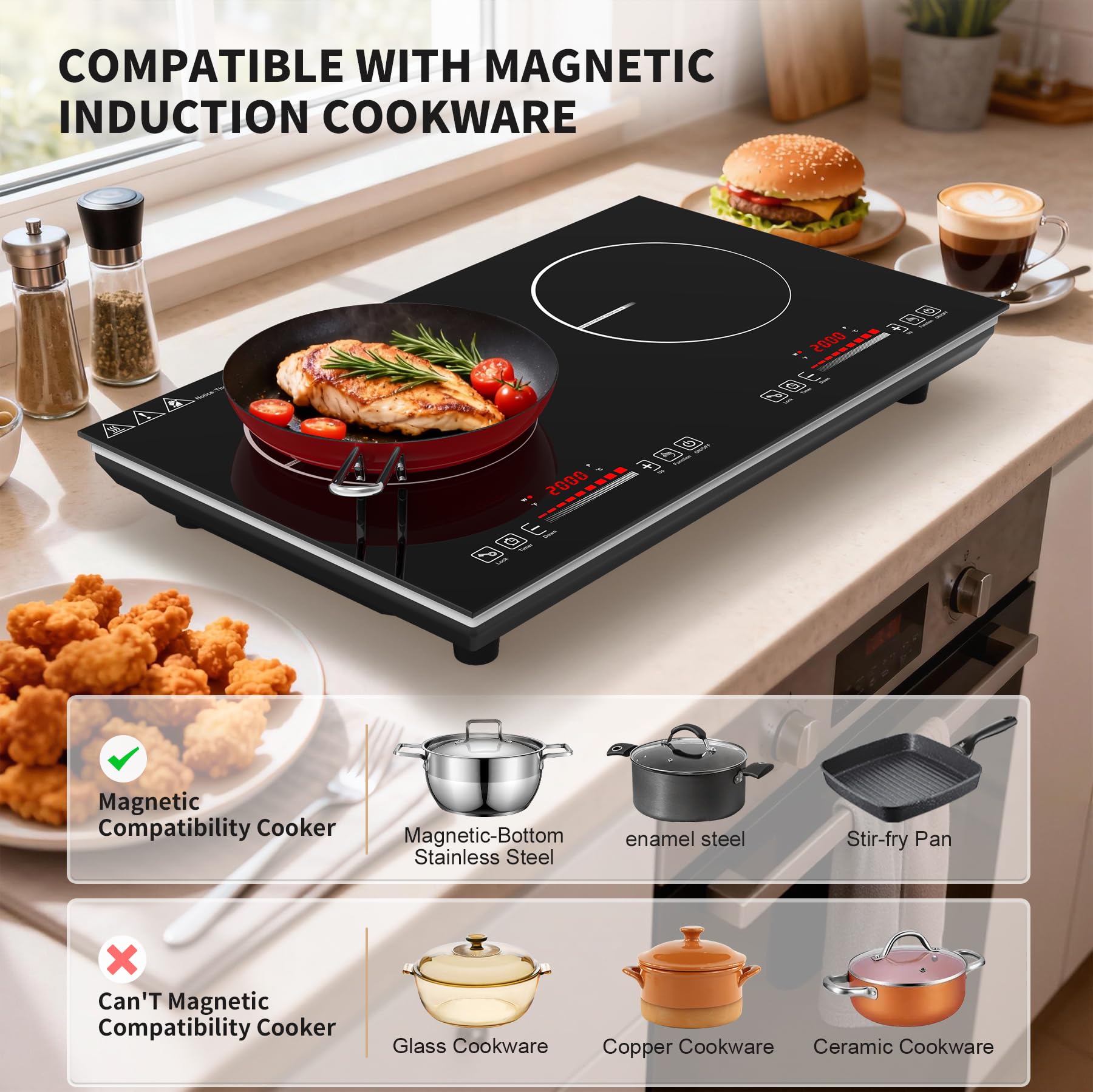 VBGK 2 burner Induction Cooktop, 110V 4000W Induction Hot Plate, 2 burner Induction cooktop