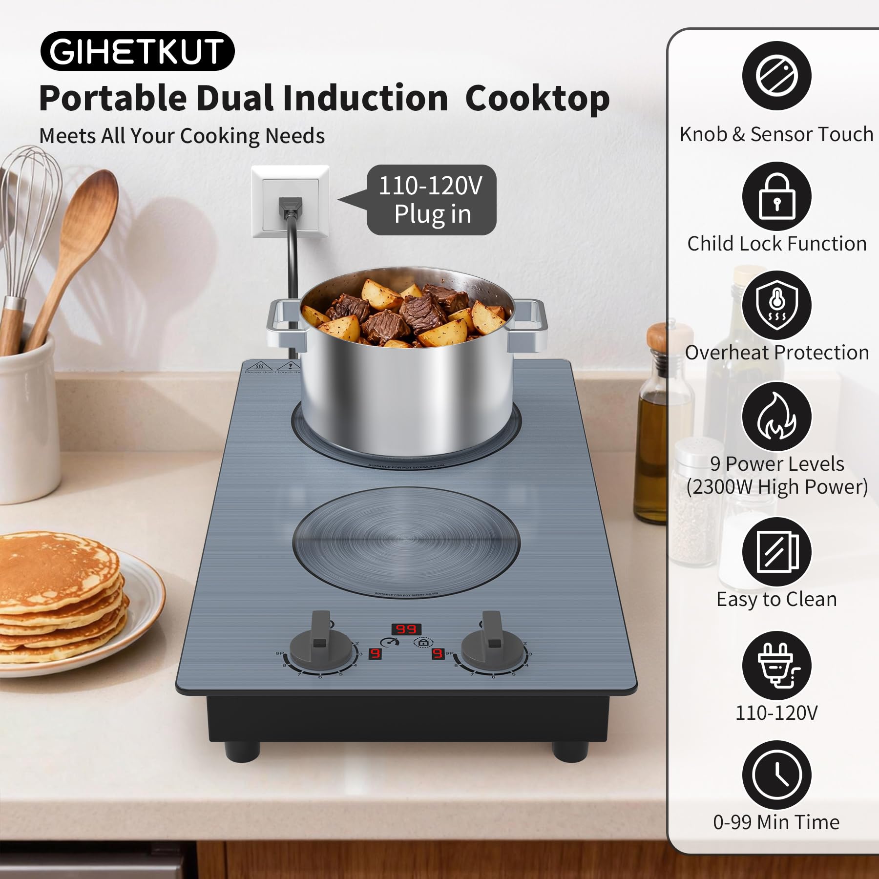 VBGK Induction Cooktop,110V 2300W Double Burner Hot Plate,2 Burner Induction Cooktop