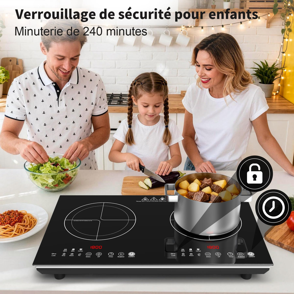 Piano cottura a induzione a 2 fuochi VBGK da 12 pollici, fornello elettrico da 3600W 220V con pannello spazzolato, 9 livelli di potenza e blocco bambini