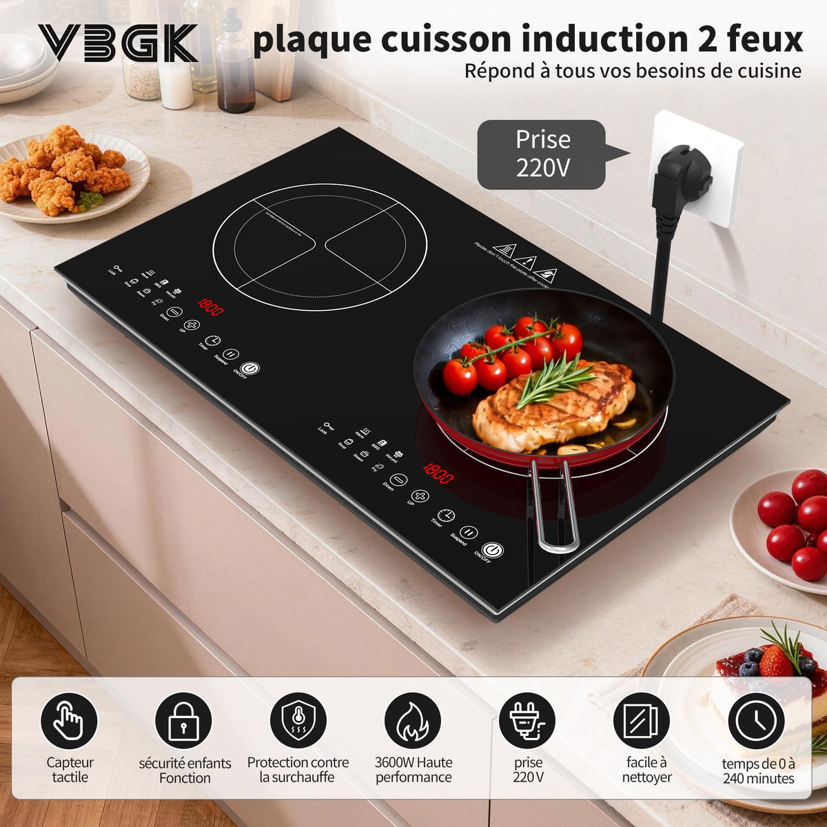 Piano cottura a induzione a 2 fuochi VBGK da 12 pollici, fornello elettrico da 3600W 220V con pannello spazzolato, 9 livelli di potenza e blocco bambini