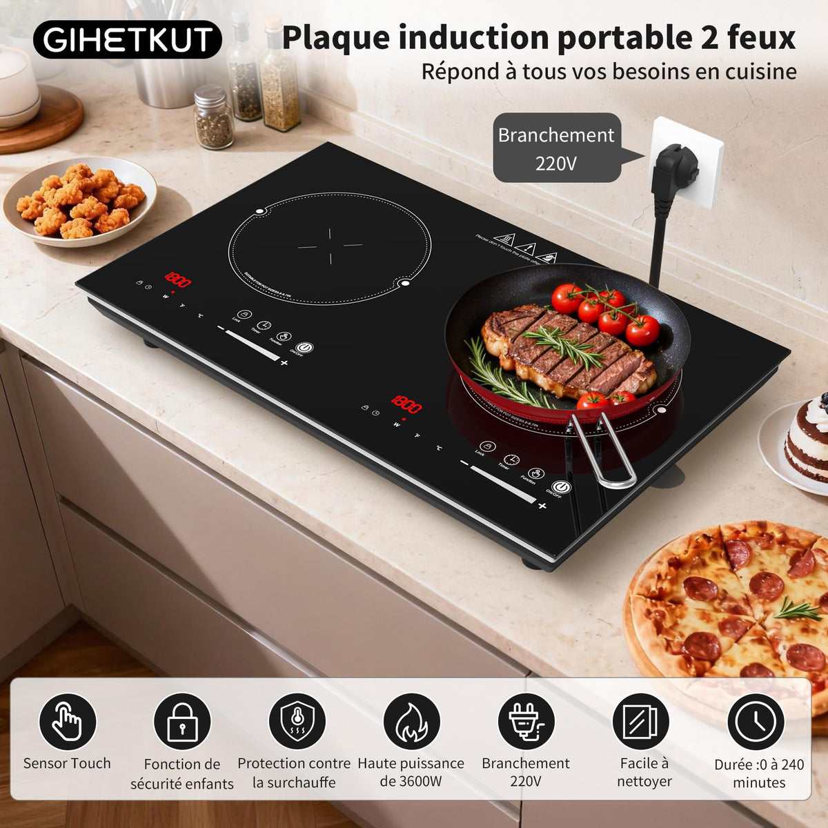 Piano cottura a induzione VBGK 3600W 220V 60cm a 2 fuochi, touchscreen LED, 8 livelli di potenza, blocco bambini e timer