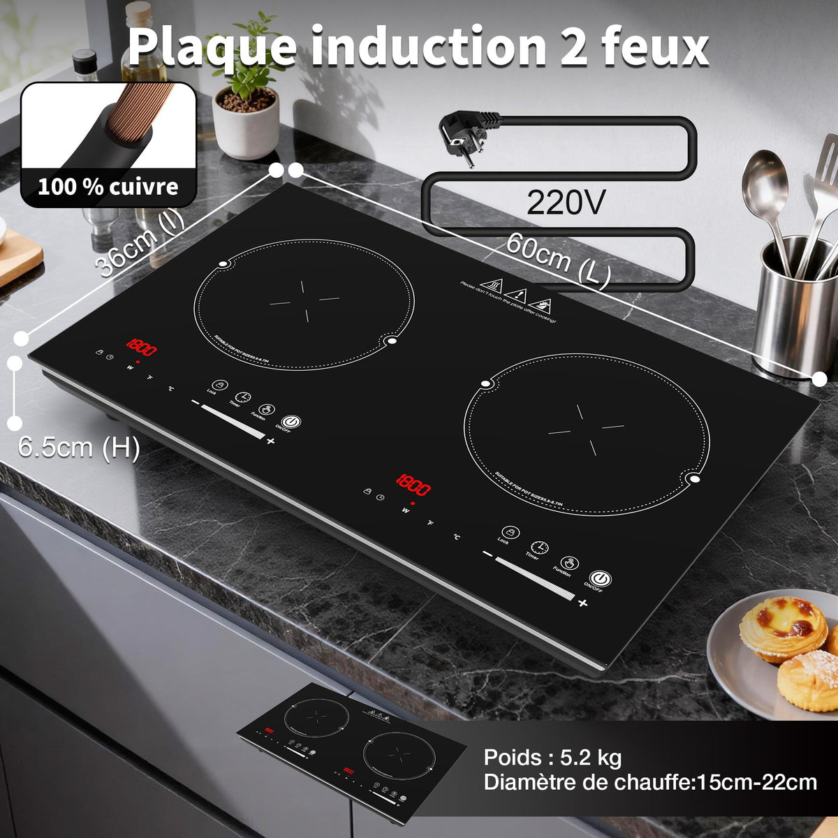 Piano cottura a induzione VBGK 3600W 220V 60cm a 2 fuochi, touchscreen LED, 8 livelli di potenza, blocco bambini e timer