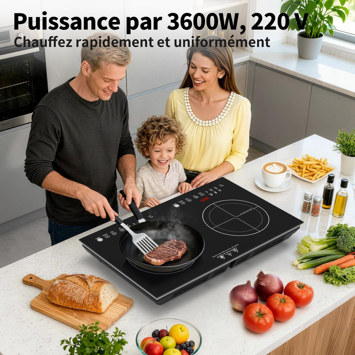 Piano cottura a induzione a 2 fuochi VBGK da 12 pollici, fornello elettrico da 3600W 220V con pannello spazzolato, 9 livelli di potenza e blocco bambini