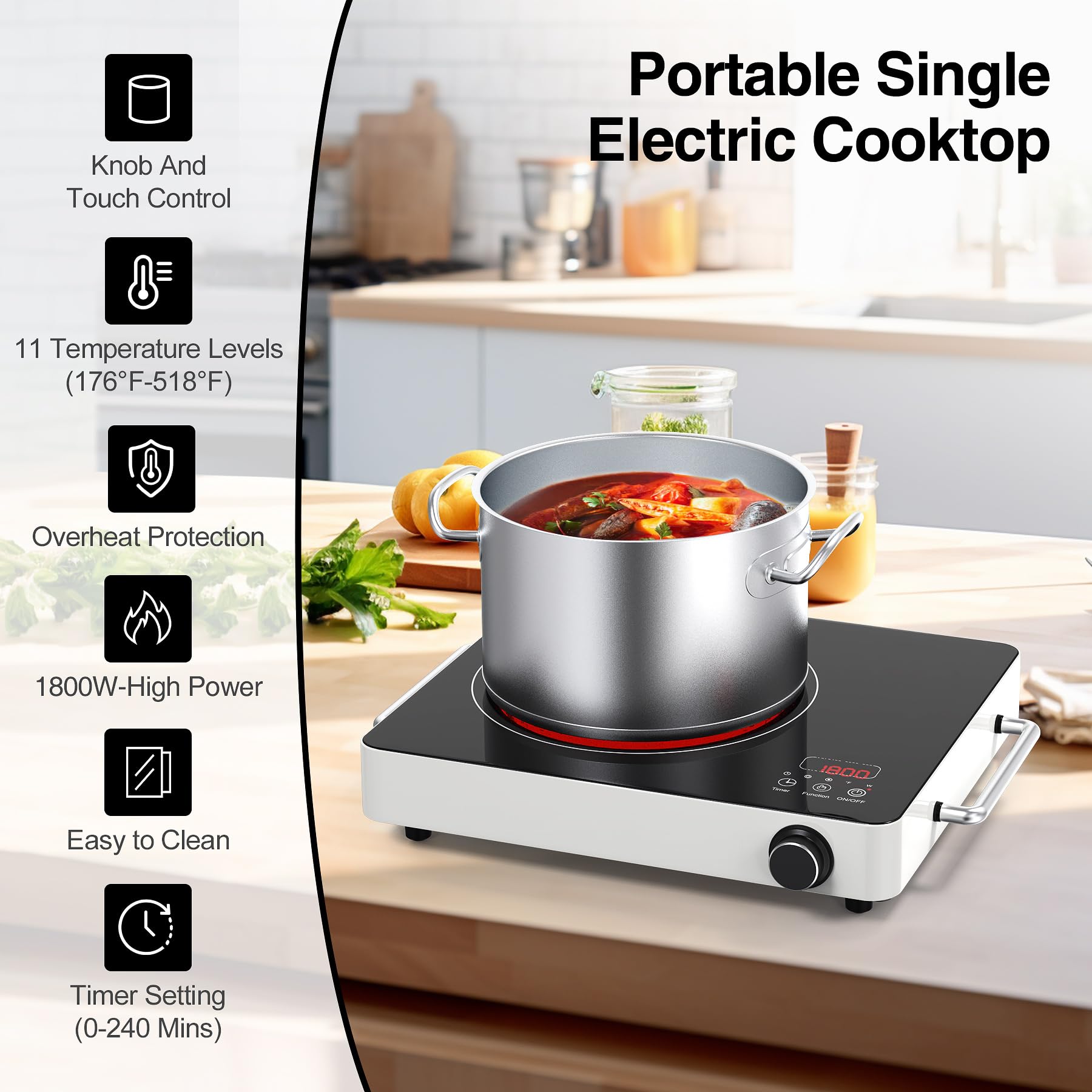 VBGK Single Burner Induction Cooktop 1800W, Portable Electric Stove with 9 Power Levels for Kitchen & RV Cooking