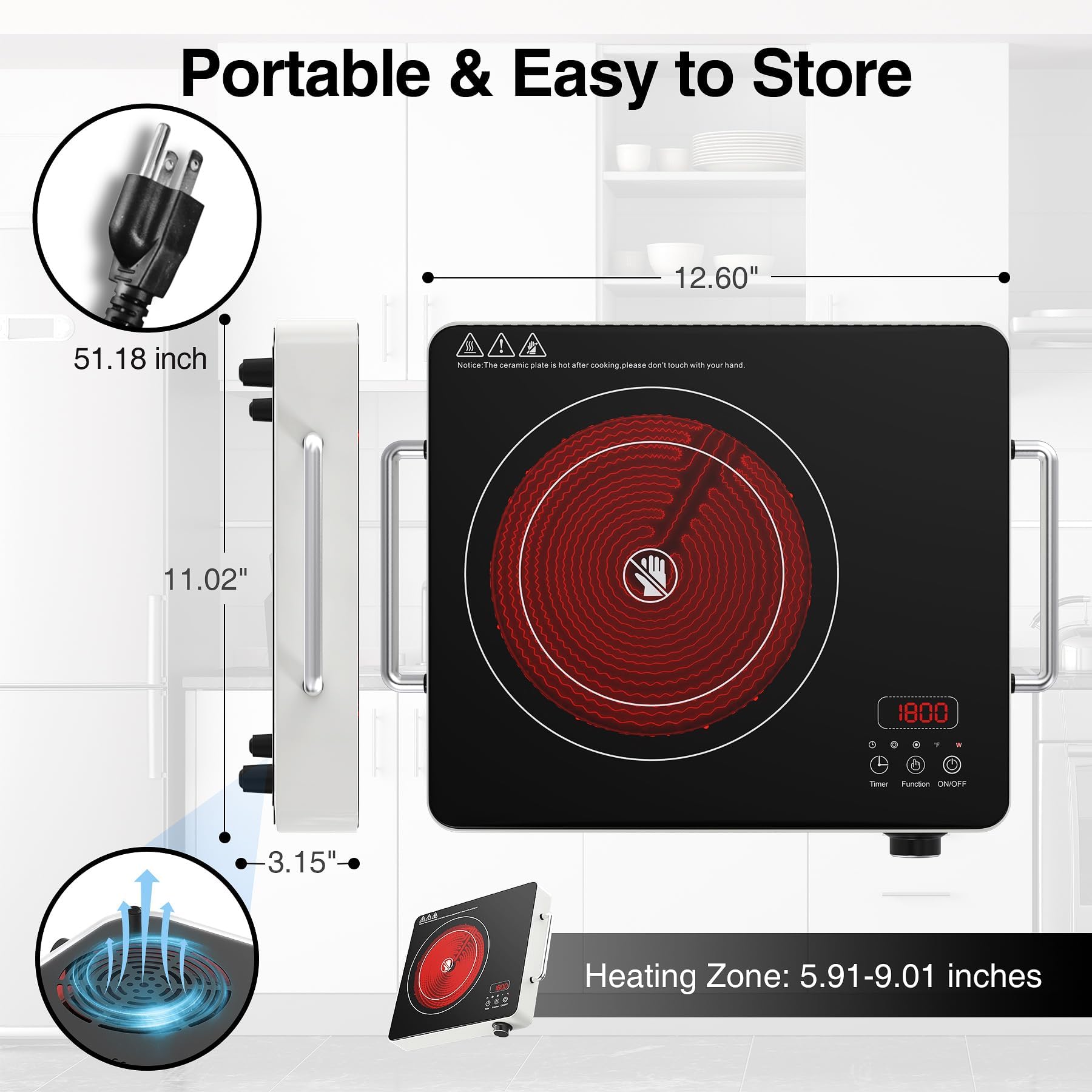 VBGK Single Burner Induction Cooktop 1800W, Portable Electric Stove with 9 Power Levels for Kitchen & RV Cooking