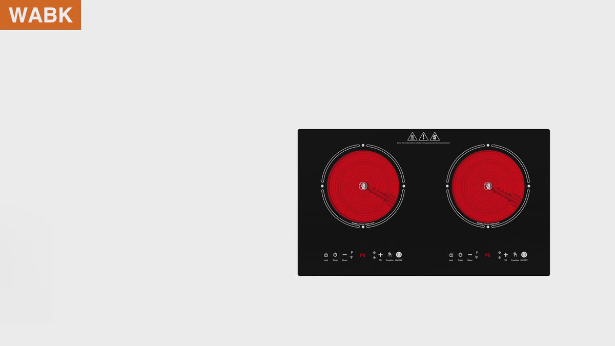 Load video: VBGK 2 Burner Electric Cooktop 24 Inch, 110V 3000W Ceramic Glass Stove Top with Touch Control for Home Kitchen Cooking