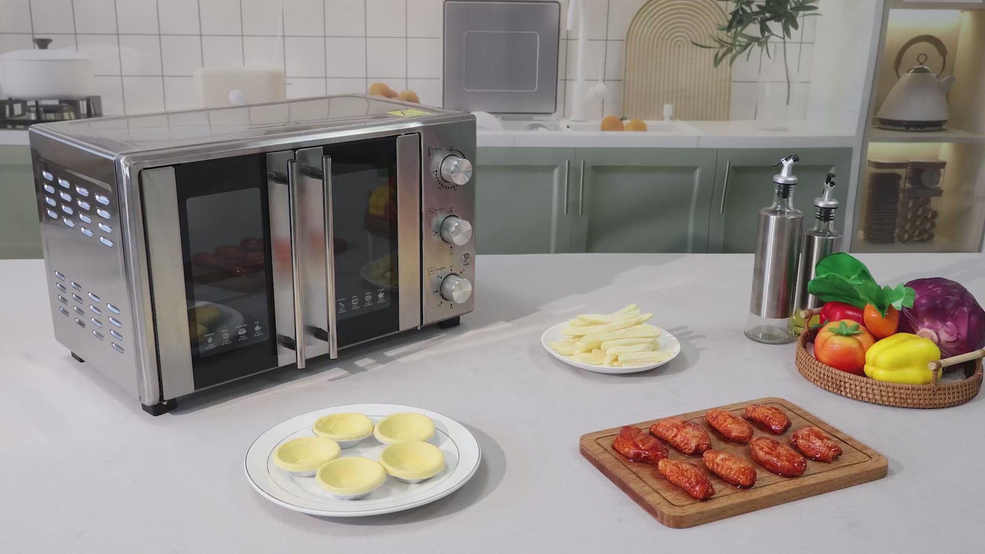 Load video: VBGK Extra Large French Door Toaster Oven 8-in-1 Stainless Steel Countertop Oven with Multi-Function Cooking for Family Kitchen