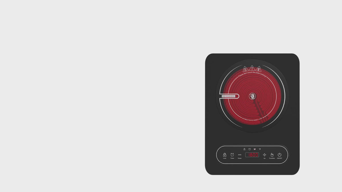Carica video: Piano cottura elettrico a fuoco singolo VBGK da 12 pollici, 110V 1800W con controllo touch a LED e blocco di sicurezza per la cucina domestica