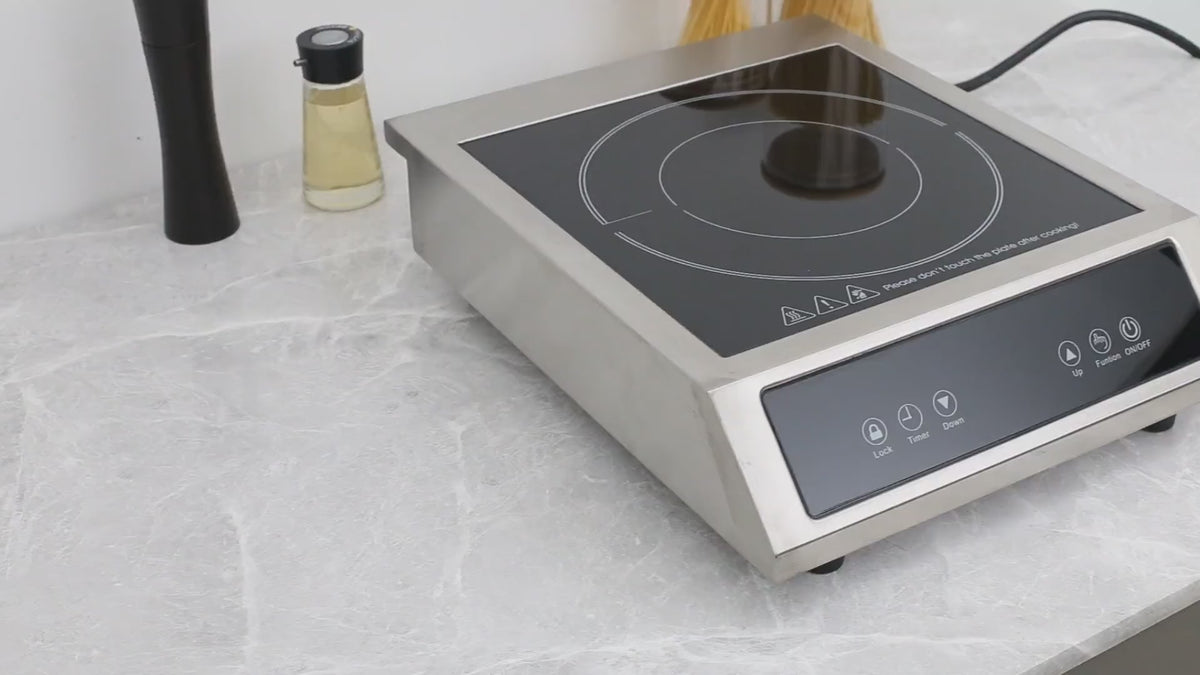 Carica video: Piastra a induzione portatile VBGK da 1800W, fornello elettrico commerciale a fuoco singolo da 14 pollici con corpo in acciaio inossidabile per casa e ristorante