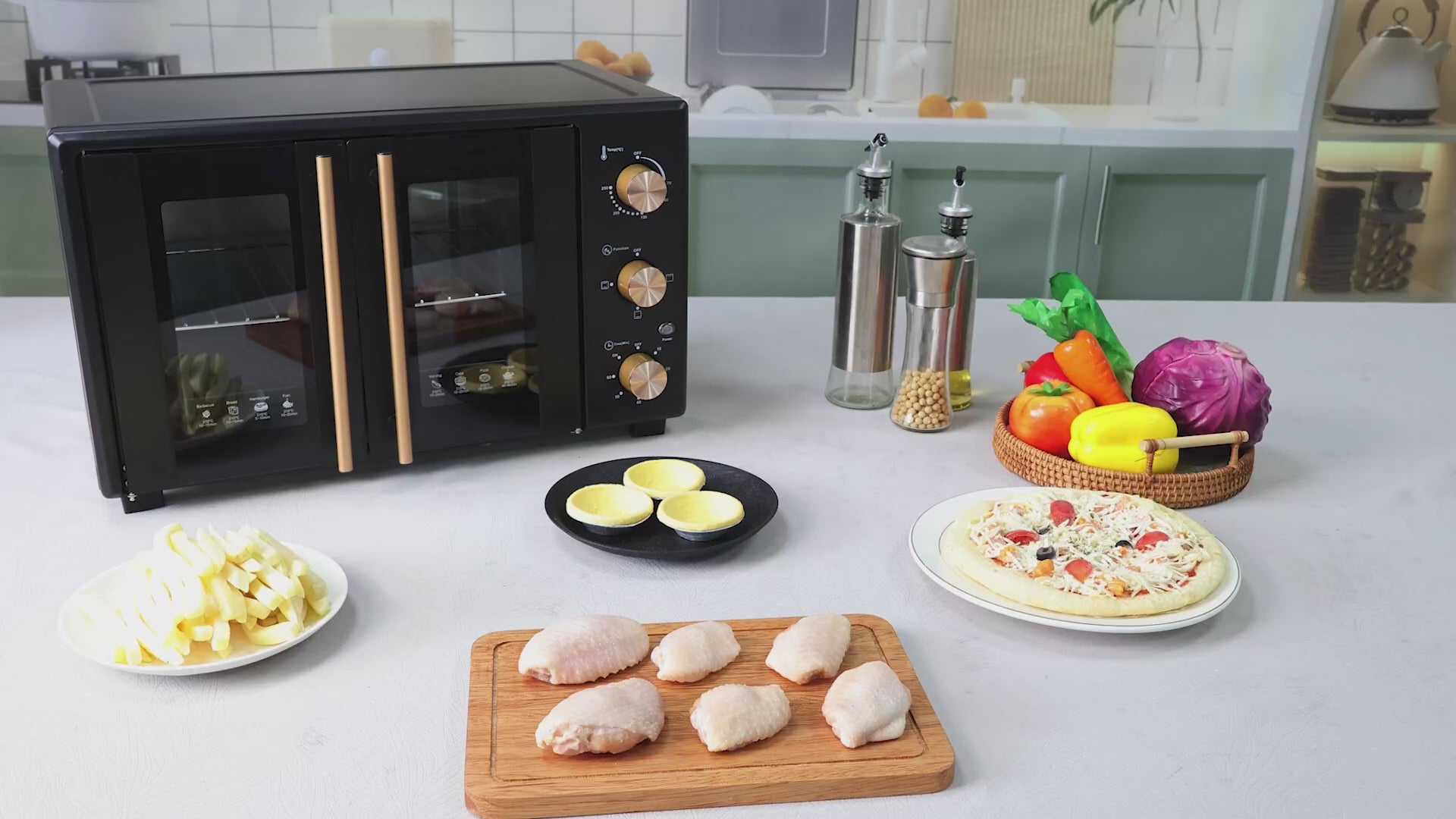 Load video: VBGK Extra Large French Door Toaster Oven 40 QT 8-in-1 Countertop Oven with Multiple Cooking Functions for Family Kitchen