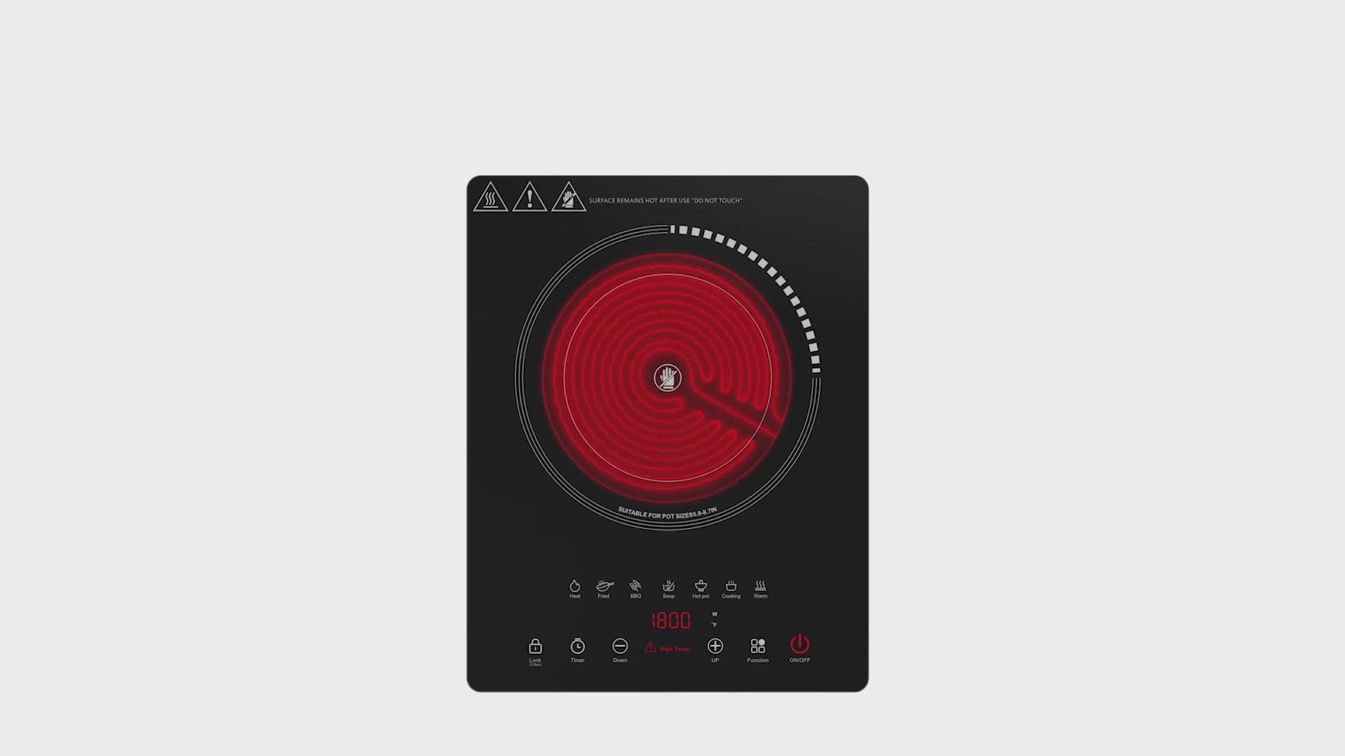 Load video: VBGK Single Burner Electric Cooktop 1800W Portable Hot Plate Stove with Adjustable Temperature Control for Home, RV &amp; Camping