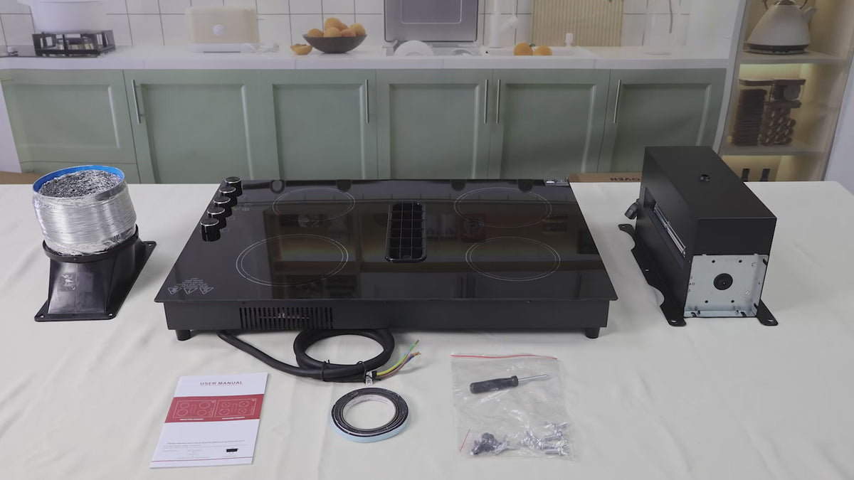 Load video: VBGK 30 Inch Induction Cooktop with Downdraft, 4 Burners, 6600W, 110V–120V