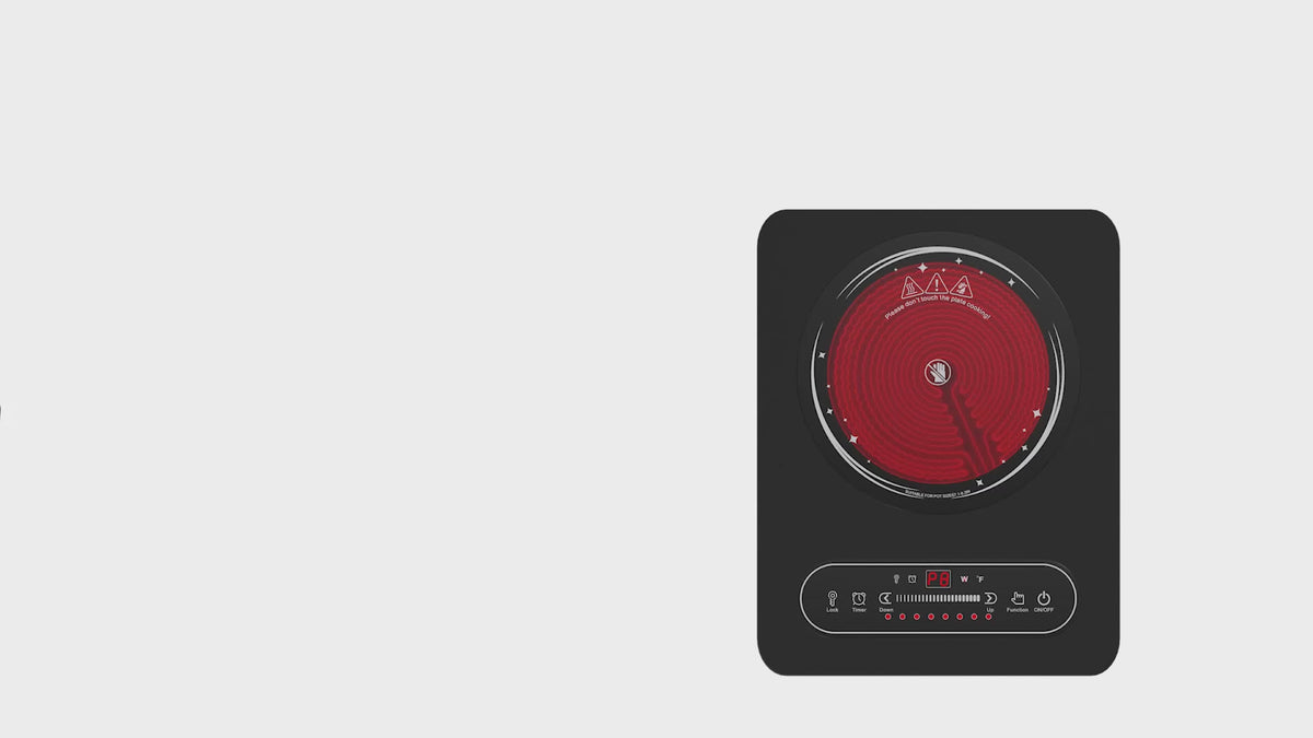 Load video: VBGK Electric Cooktop, 1800W 12 Inch Portable Single Burner Electric Stove 120V Infrared Hot Plate