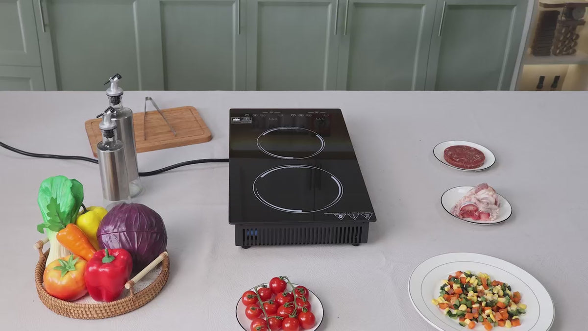 Video laden: VBGK 12 inch 2300W inductiekookplaat met 2 kookzones, 110V inbouw- &amp; vrijstaande elektrische kookplaat